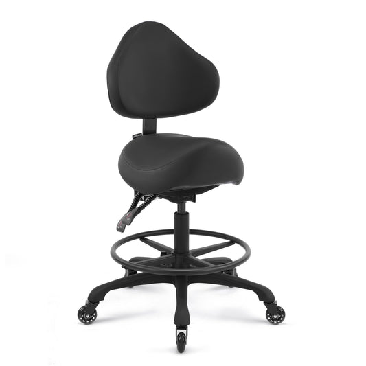 DR.LOMILOMI Pneumatic Swivel Rolling Saddle Chair with Wheels and Ergonomic Back Support for Hair Stylist, Dental Hygienist, Hygienic Clinic, Spa, Massage, Home, Office - Black Vinyl Leather - 510 KOA