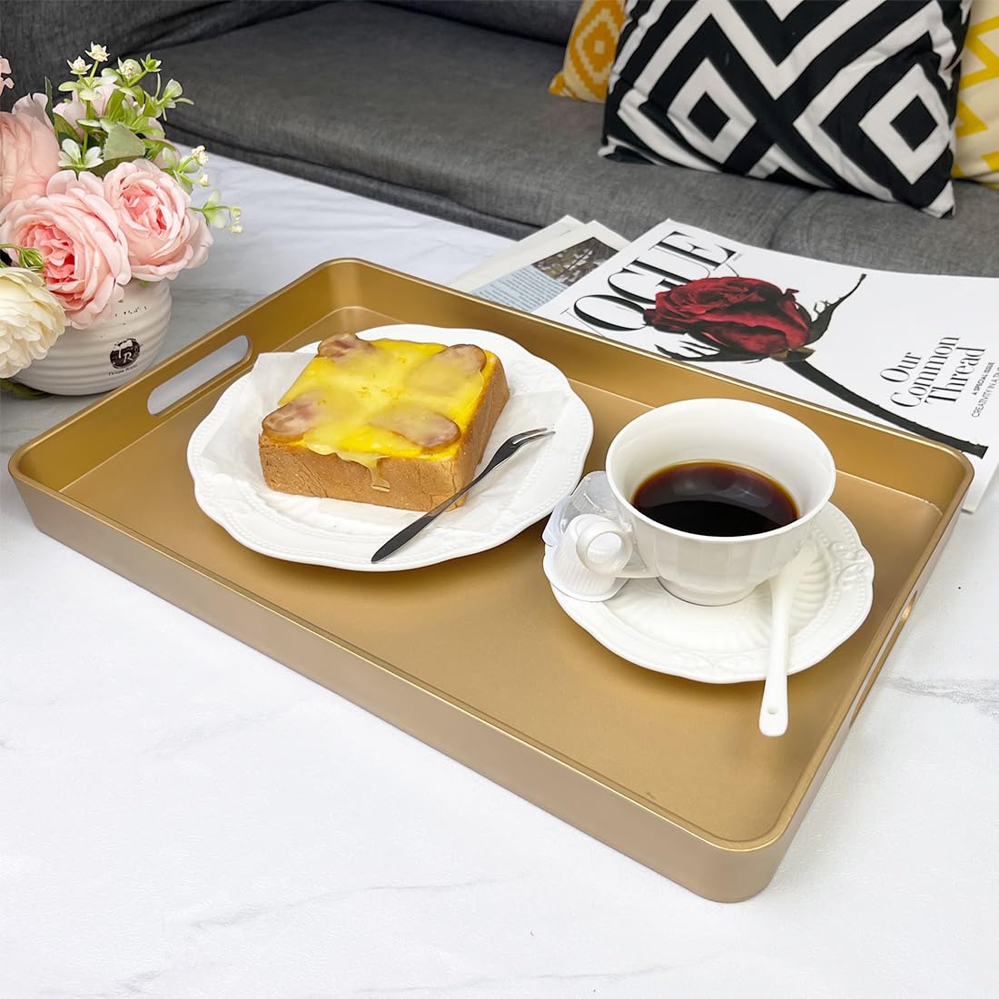 UOEKCS Gold Decorative Tray, Serving Tray with Handles, Plastic Rectangular Tray for Ottoman Coffee Table, Bathroom, Living Room. 15.7"*10.2"