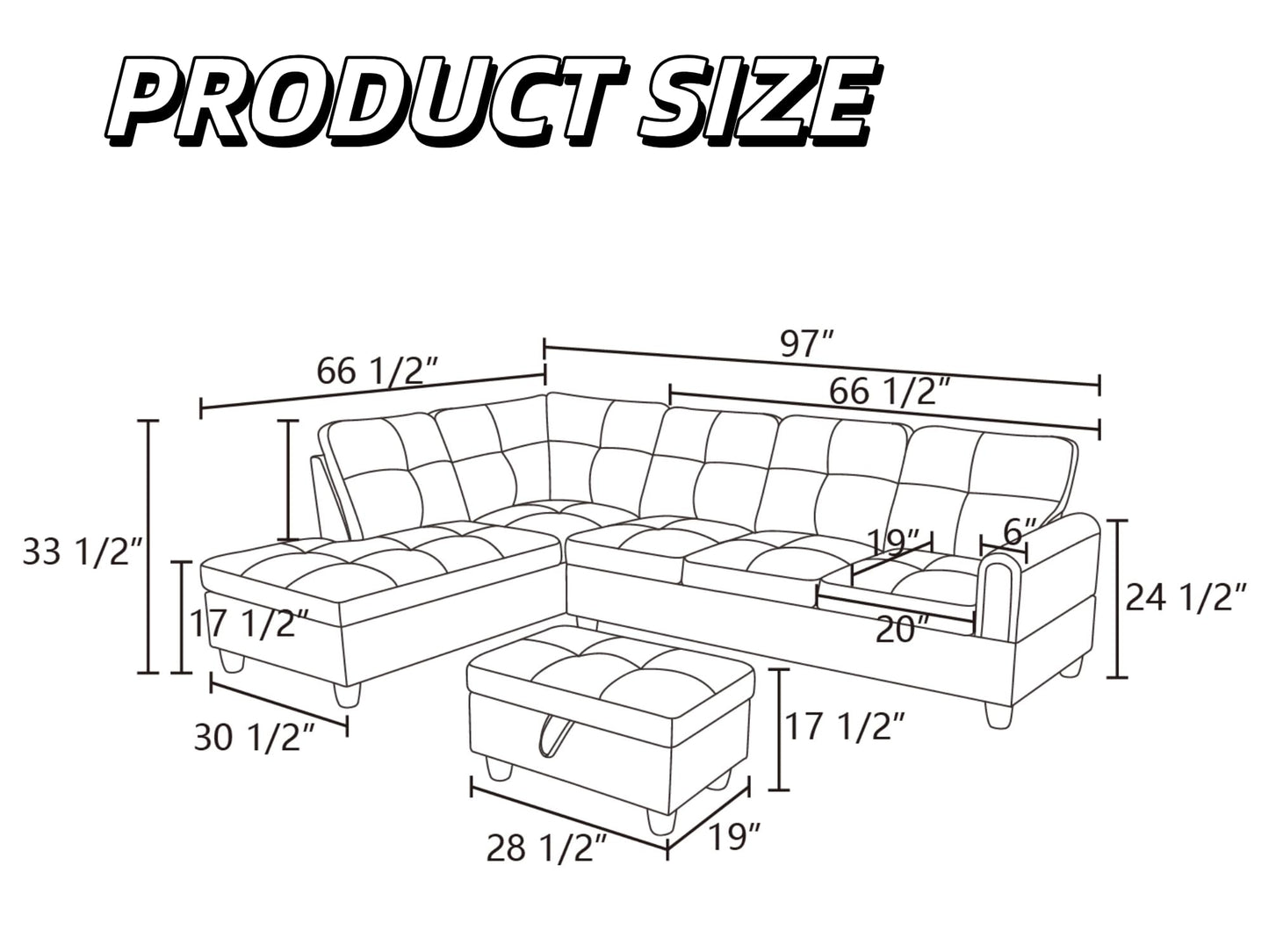 Trygoal 97" L Shaped Couch Sectional Couches with Chaise and Storage Ottoman, 3 Pieces Modular Convertible Sofa for Living Room Furniture Sets and Small Apartment, Beige