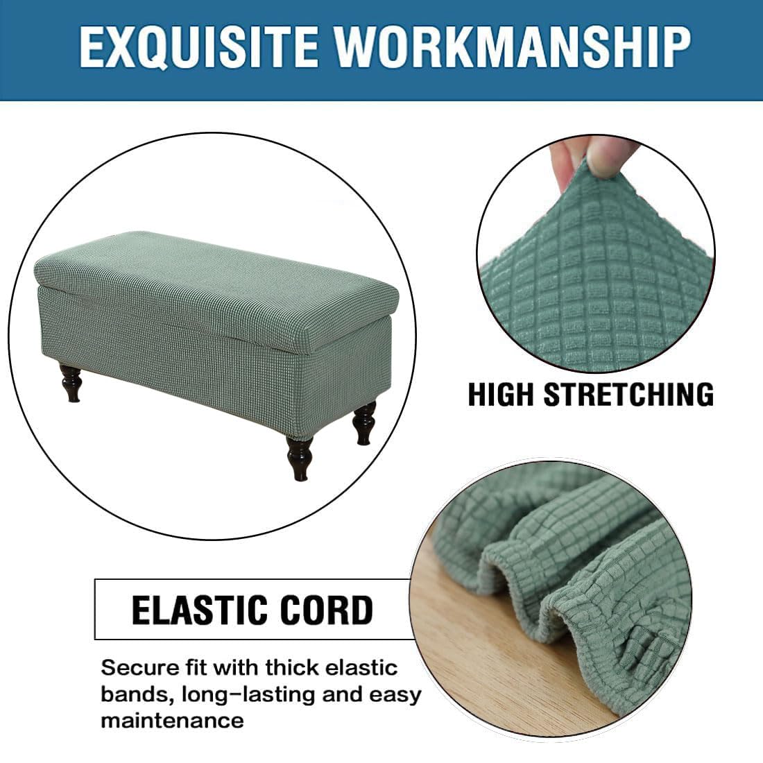Lussenwert Ottoman Cover Rectangle, Stretch Jacquard Storage Bench Cover Removable Folding With Elastic Bands Ties Large Sage