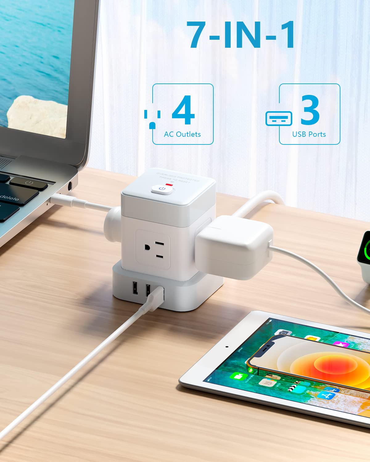 Baykul Power Strip with USB, 4 Outlet 3 USB Ports (3 USB-A) Power Strip Cube, 10 ft Extension Cord, Flat Plug Surge Protector, Kitchen, Home, Office, Travel, White