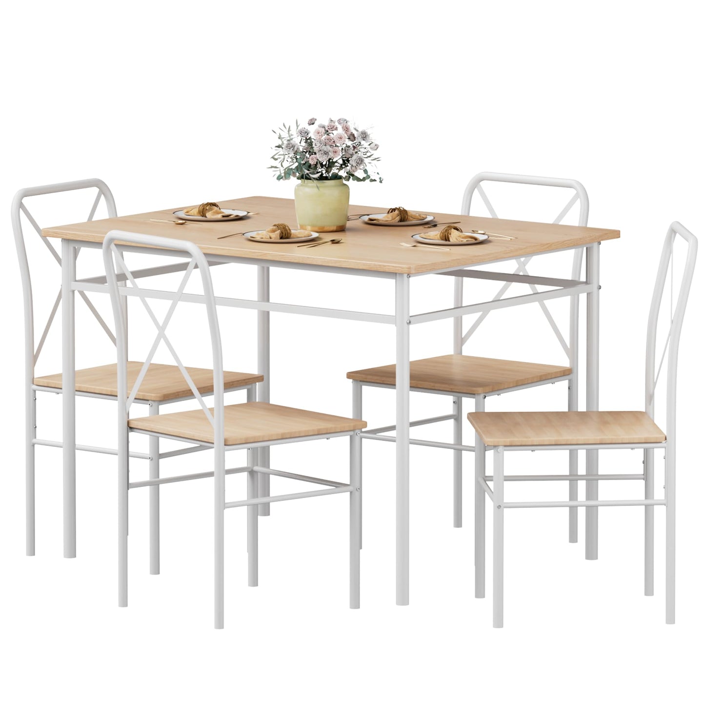 VECELO Dining Table Set for 4, 5-Piece Wood Kitchen Table with Chairs for Small Space, Breakfast Nook, Space-Saving, Natural White