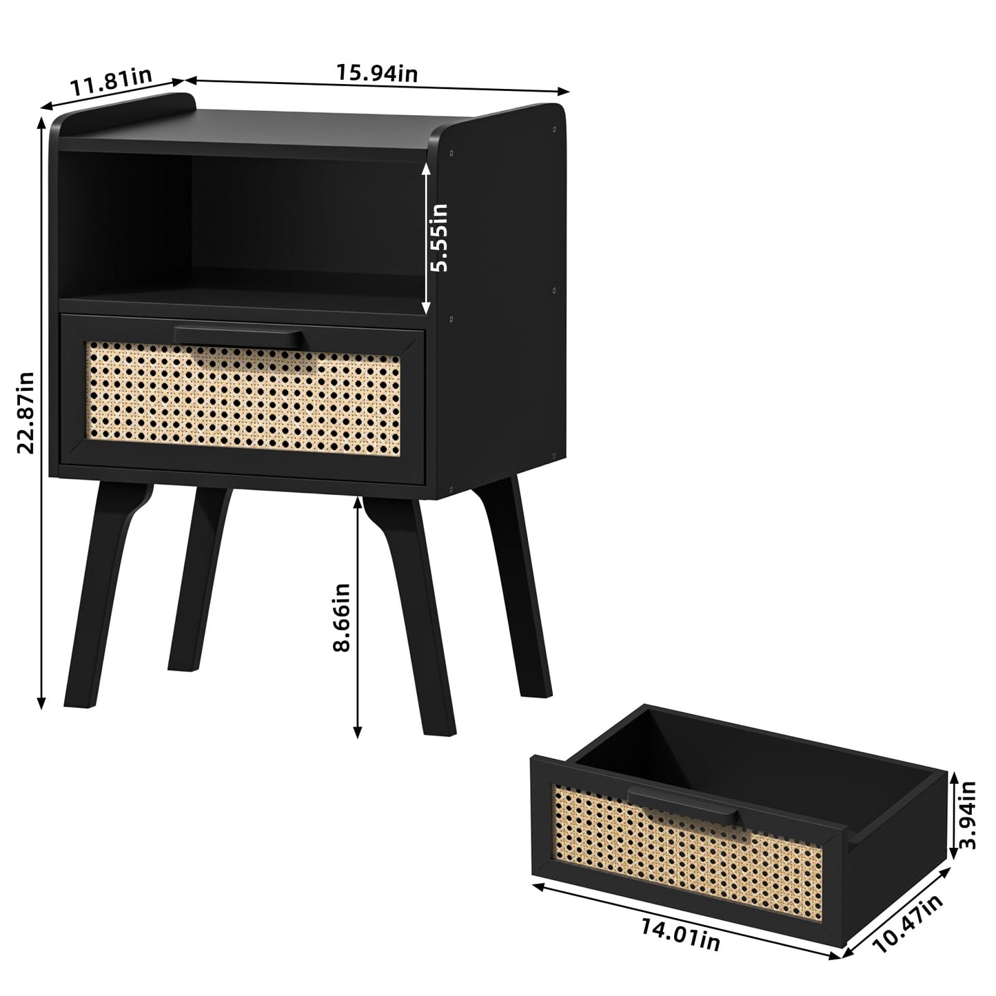 Lerliuo Rattan Nightstand, Bedside Table with Drawer Open Shelf, Cane Accent Side End Table with Solid Wood Legs, Black Mid Century Night Stand for Bedroom, Dorm and Small Spaces