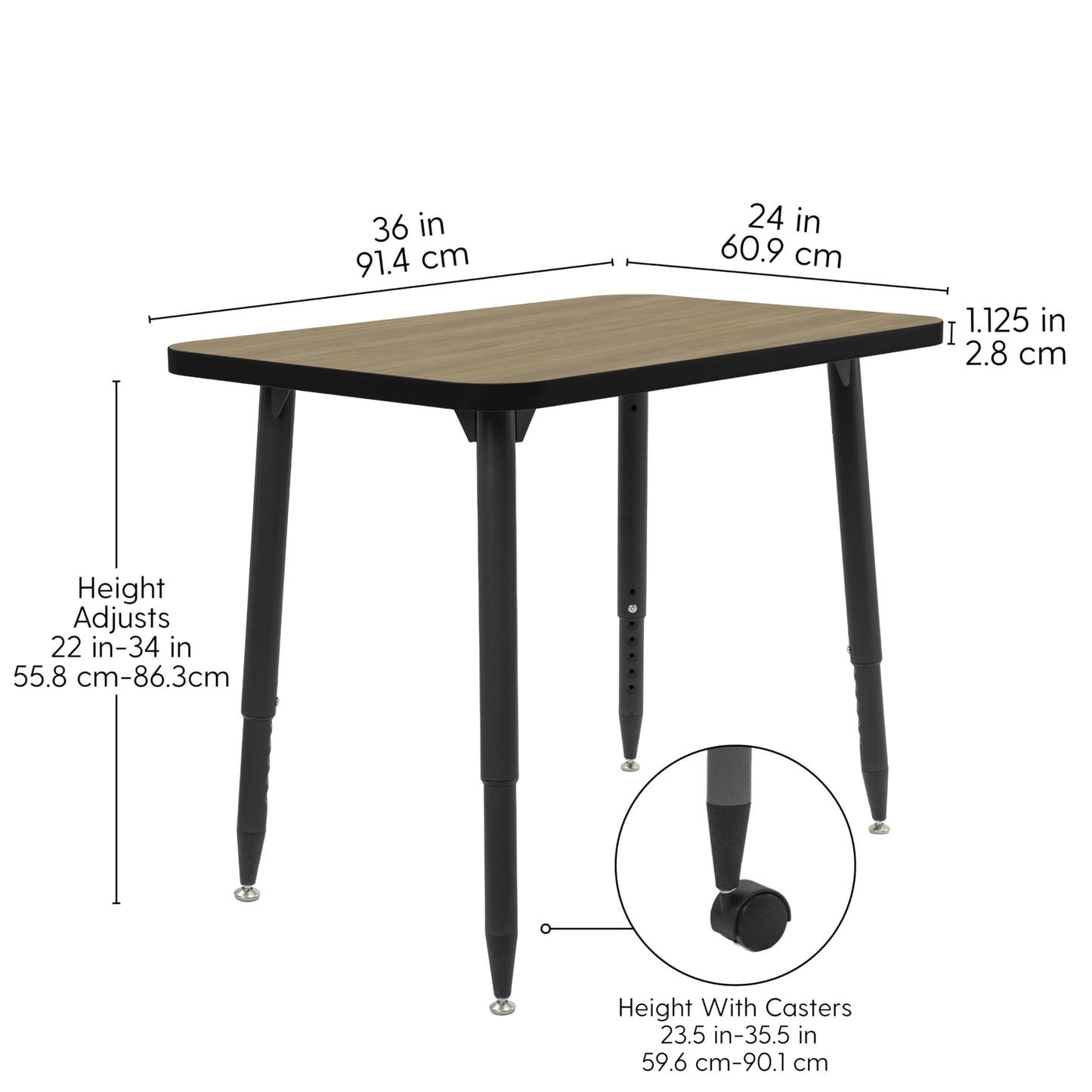 Adapte Commercial Classroom Activity Table - 24" x 36" Rectangle, ADA Compliant Tapered Legs with Glides & Casters, Adjustable Height 22-34" Wheelchair Accessible, School & Office Furniture