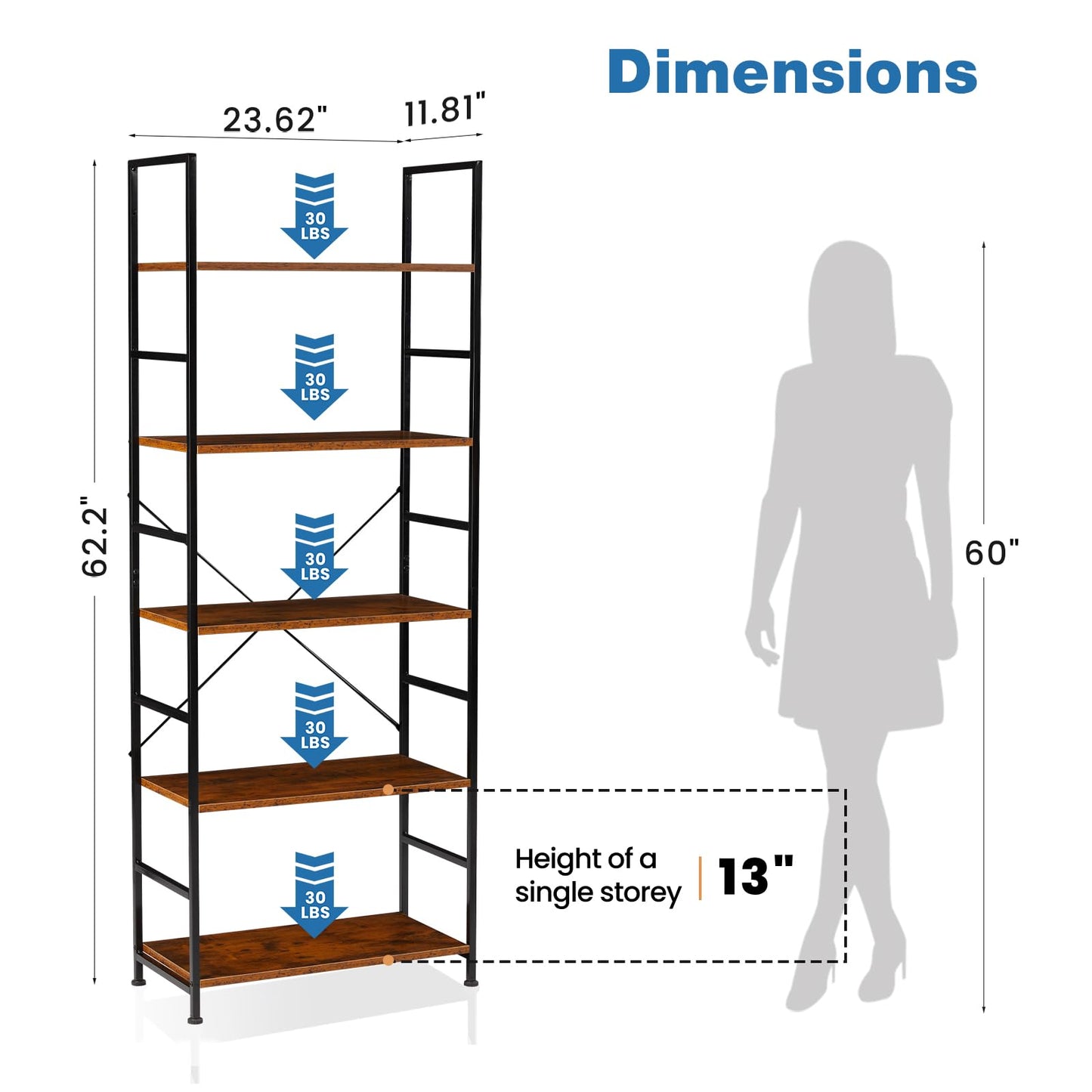 DUMOS 5 Tiers Bookshelf, Classical Modern Book Shelf, Tall Display Shelves in Living Room/Home/Office, Storage Organizer for CDs/Books/Movies, Rustic Brown