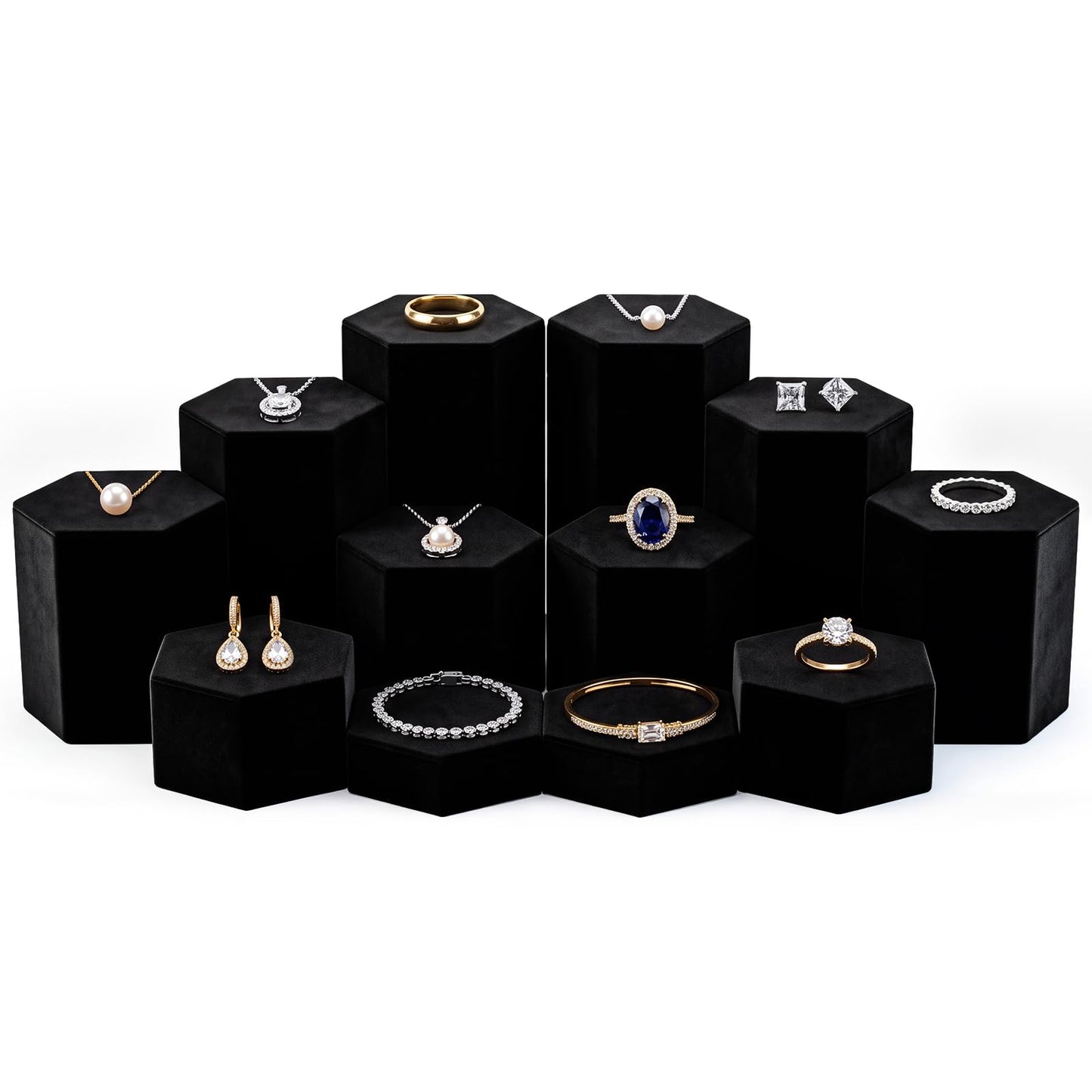 Sintuff 12 Pcs Black Velour Covered Tiered Hexagonal Jewelry Display Risers Wooden Hexagonal Market Display Risers Stands for Model Figures Decoration