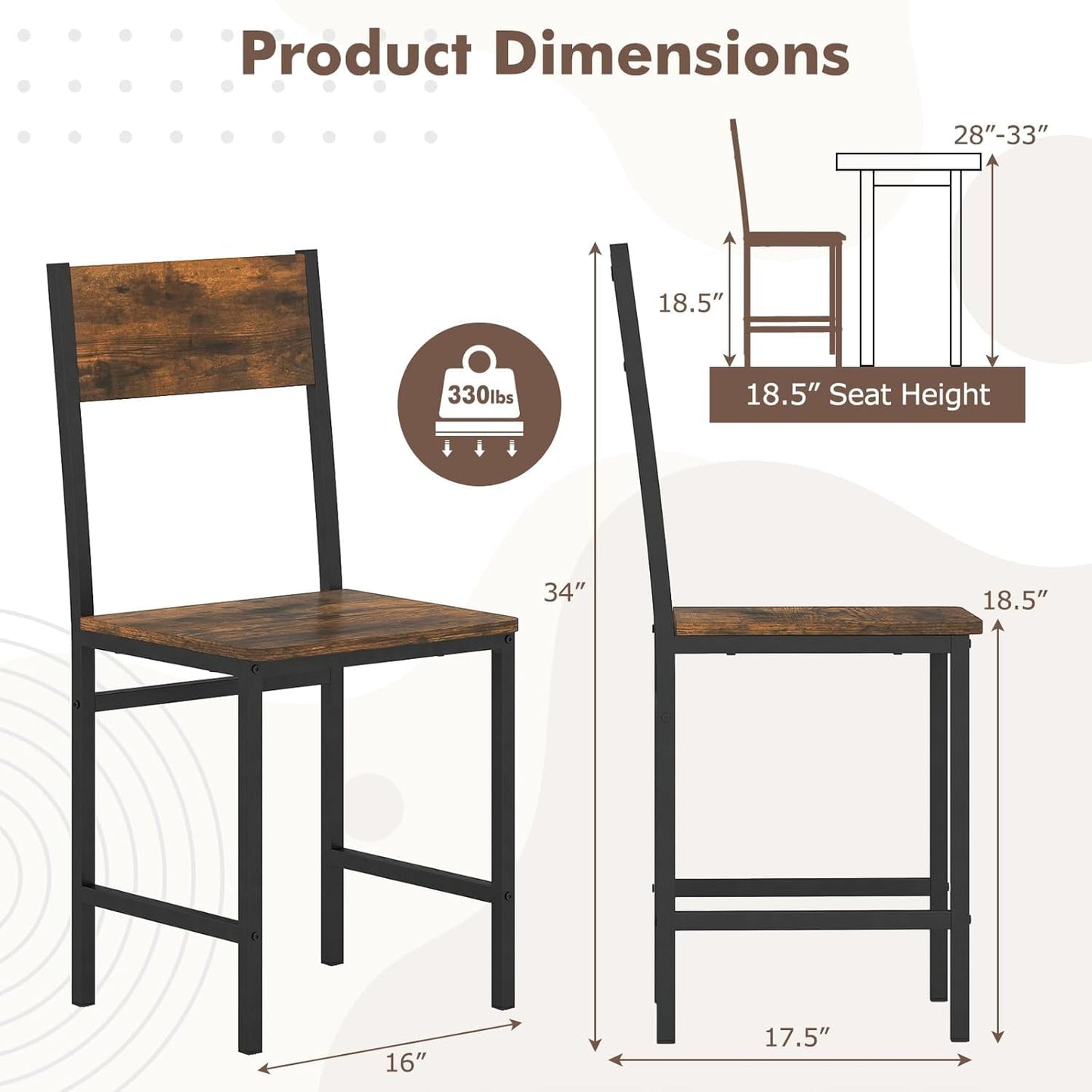 COSTWAY Dining Chairs Set of 4, Rustic Wood & Metal Frame Industrial Farmhouse Armless Side Chairs with Wide Comfy Seat & Slanted High Back for Dining Room, Kitchen, Home, Restaurant