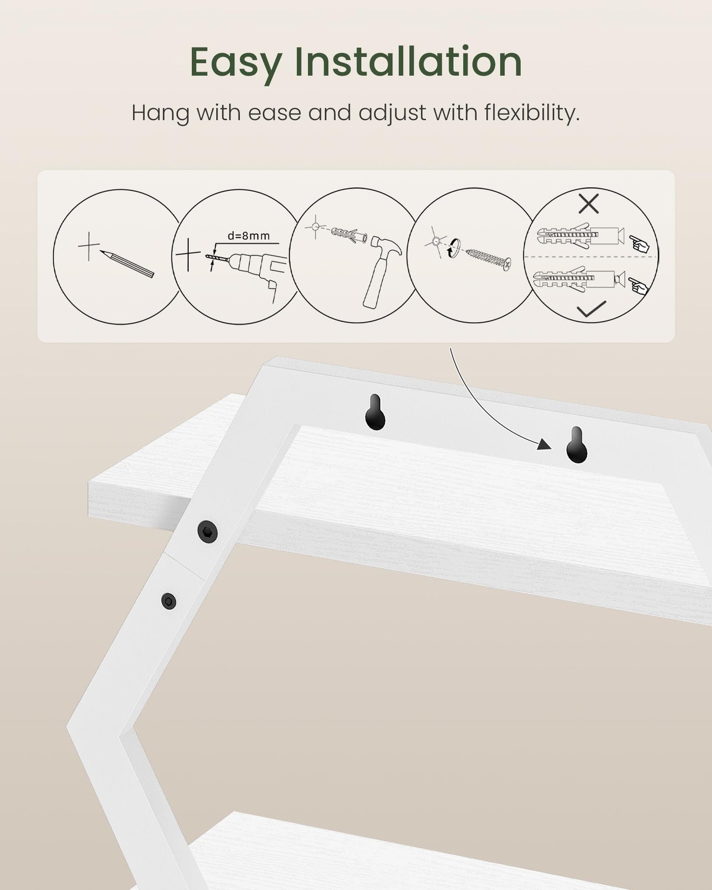 CHOEZON Hexagon Floating Shelves for Wall, Set of 2, 2 -Tier Hanging Shelves, Wall Mounted Storage Shelves, for Living Room, Bedroom, Kitchen, Home Office, Study, White TBJ06P2WB