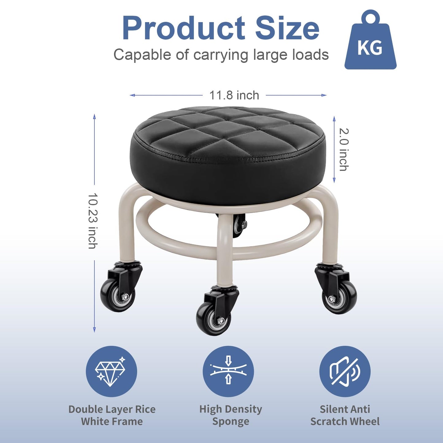HPONQIONE Round Rolling Low Stool- PU Leather Low Stool 360° More Comfortable Swivel with Thickened Sponge Cushion for Nail Salon, Pedicure, SPA and Home (Black Upgrade Edition)