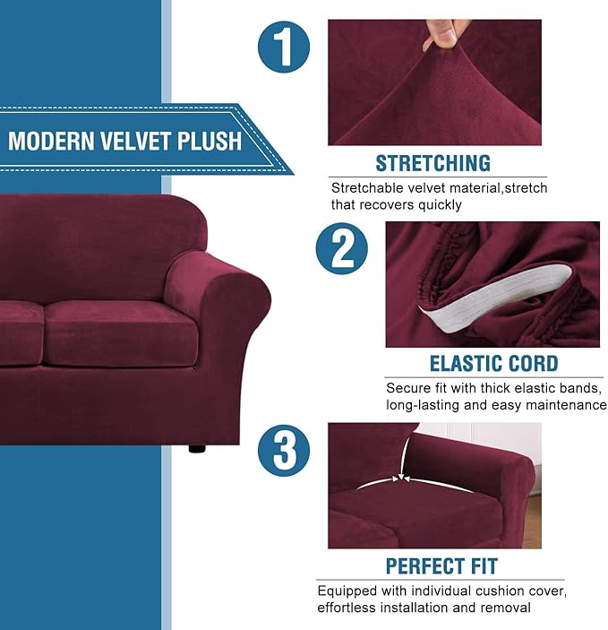 H.VERSAILTEX Real Velvet Plush 3 Piece Stretch Sofa Covers Couch Covers