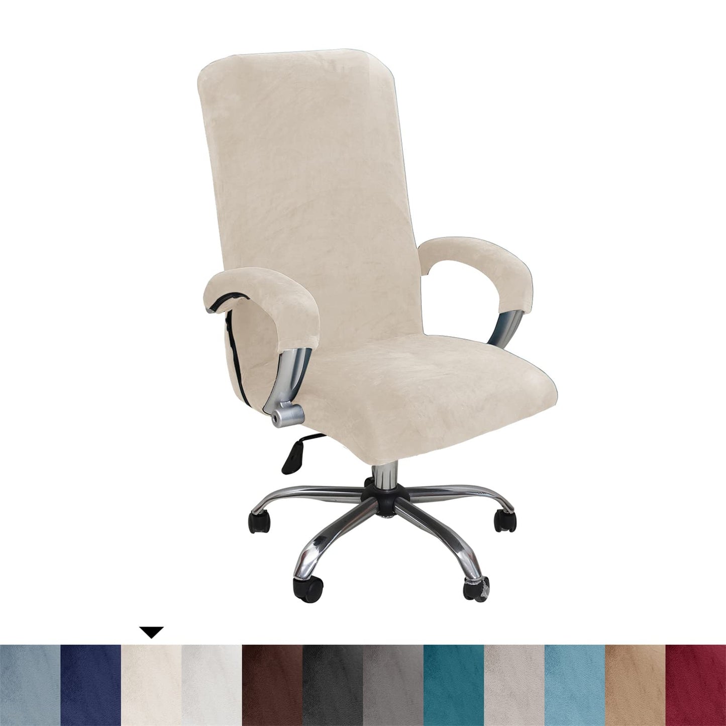 Velvet Plush Stretchable Office Desk Chair Cover Cat Proof with Wheels, Chair Seat Cover with Armrest Protector for Pets & Kids, Removable for Ergonomic Mesh Computer Rolling Chair, Beige, XL