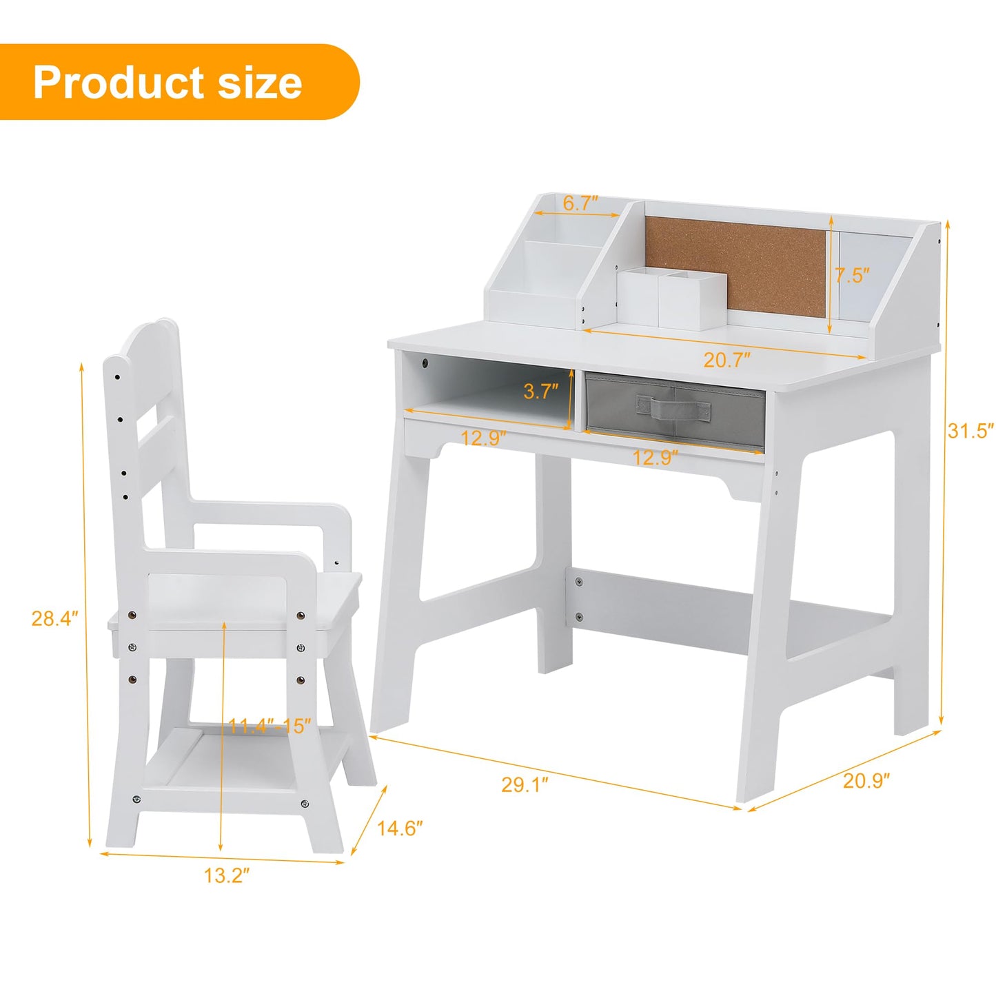 GarveeHome Kids Desk and Chair Set, Wooden Study Table with Storage Bins, Bookshelf, Bulletin Board, and Pen Holder, Writing Table for Boys and Girls, White