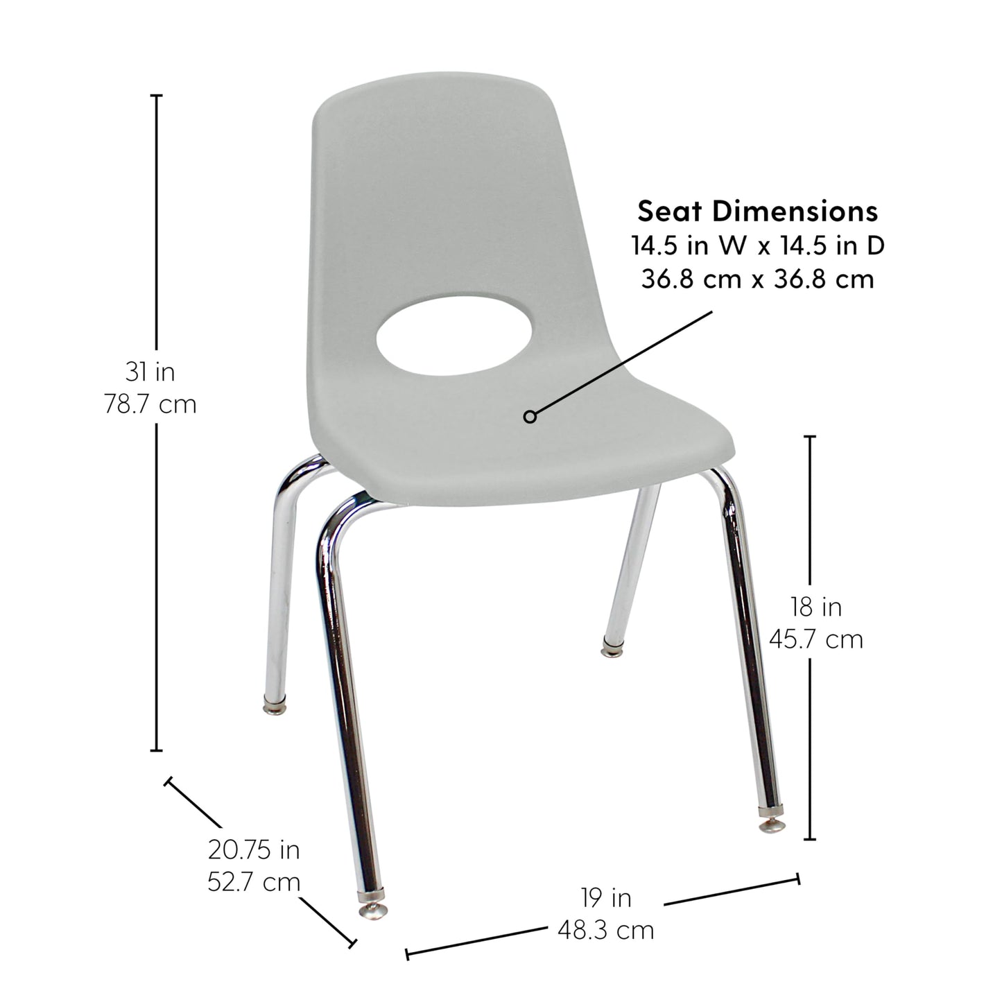 FDP 18" School Stack Chair, Stacking Student Seat with Chromed Steel Legs and Nylon Swivel Glides For In-Home Learning, Classroom or Office - Light Gray (5-Pack), 10371-LG