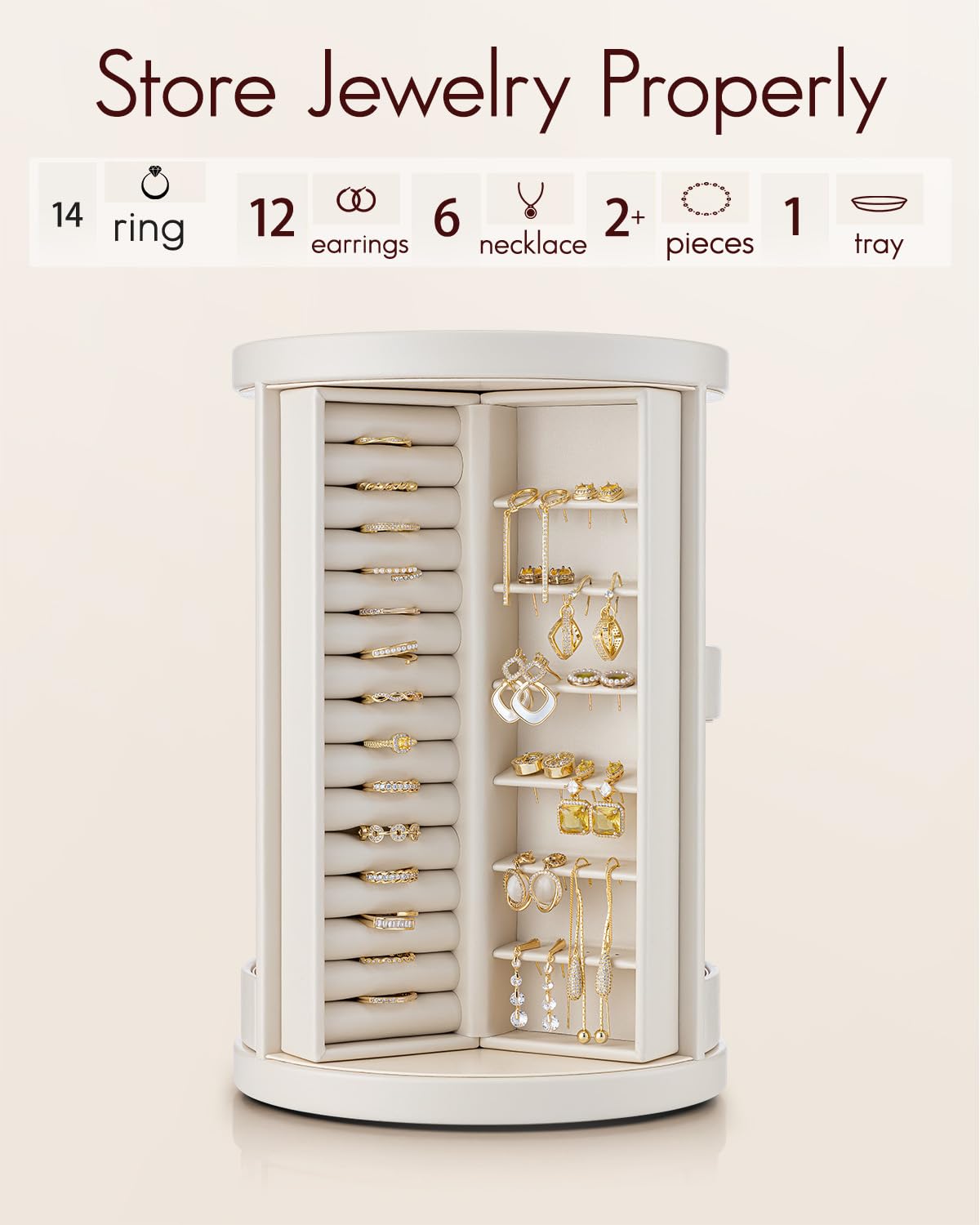 VLANDO 360°Rotating Jewelry Box,Earring Organizer Large Vertical Jewelry Organizer with 6 Necklace Hooks, Open Ring Display Storage for Women - Cream White