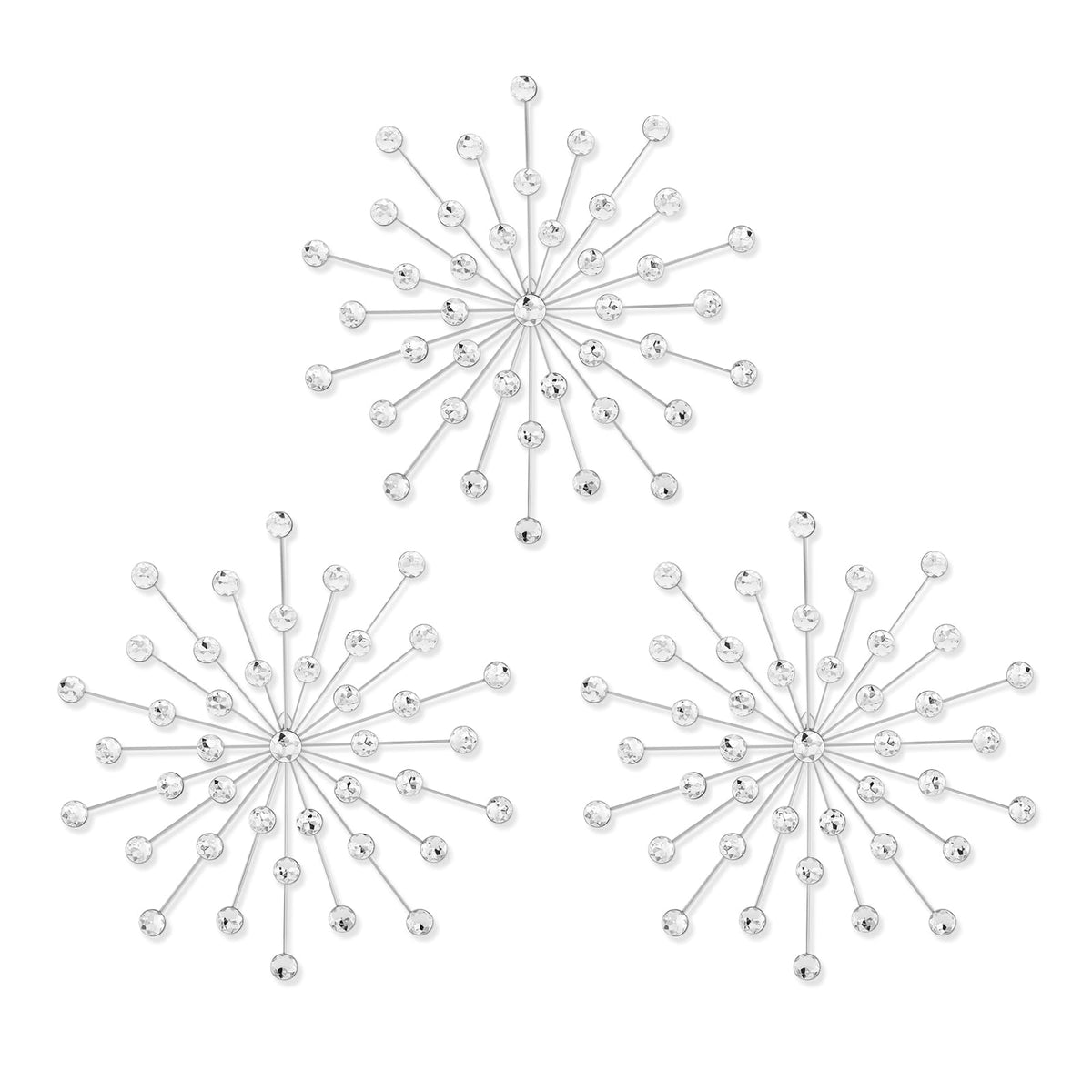 SIYIKRYP Set of 3 Crystal Sunburst Wall Decor – 11.8" Silver Metal Wall Art with Rhinestone Accents – Modern 3D Starburst Hanging Ornaments for Living Room, Bedroom, Office