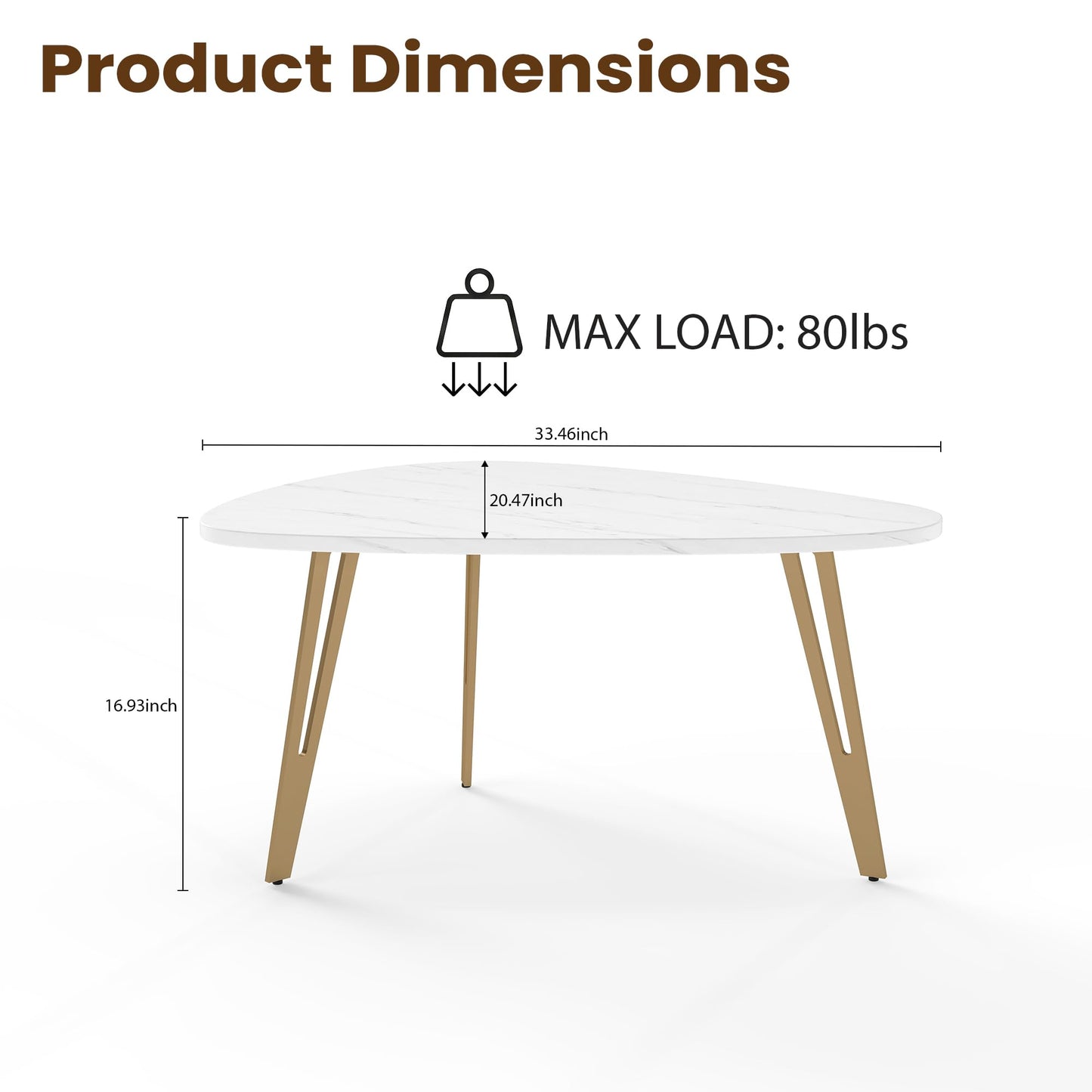 MWOOD Triangle Coffee Table, 33.5″‌Mordern Center Table with Marble-Patterned Top&Golden Leg Waterproof Dining Table for Living Room, Apartment(White&Gold)