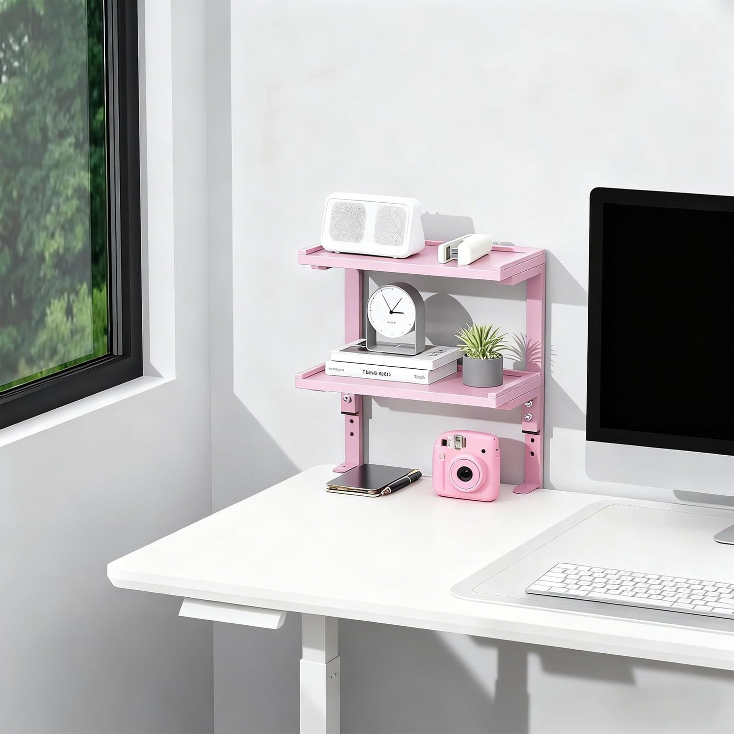 OUTIOE 2-Tier Desk Shelf, Expandable Under Desk Storage, Clamp on Desk Shelf, Desktop Accessories for Offices, Study Rooms, and Game Rooms (Pink)