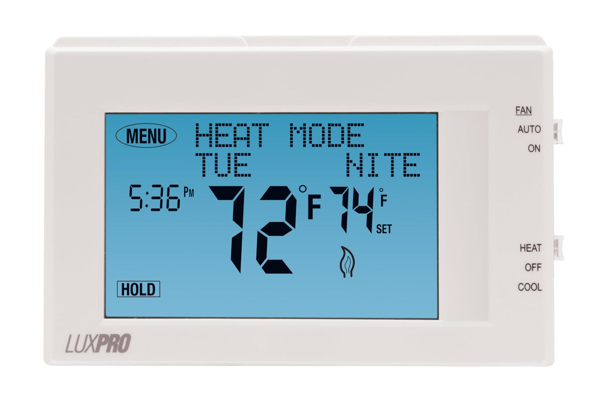 Lux Pro P721UT-010 TS 7 Day Programmable Thermostat; 2 Heat, 1 Cool, Horizontal Orientation; Batteries Included