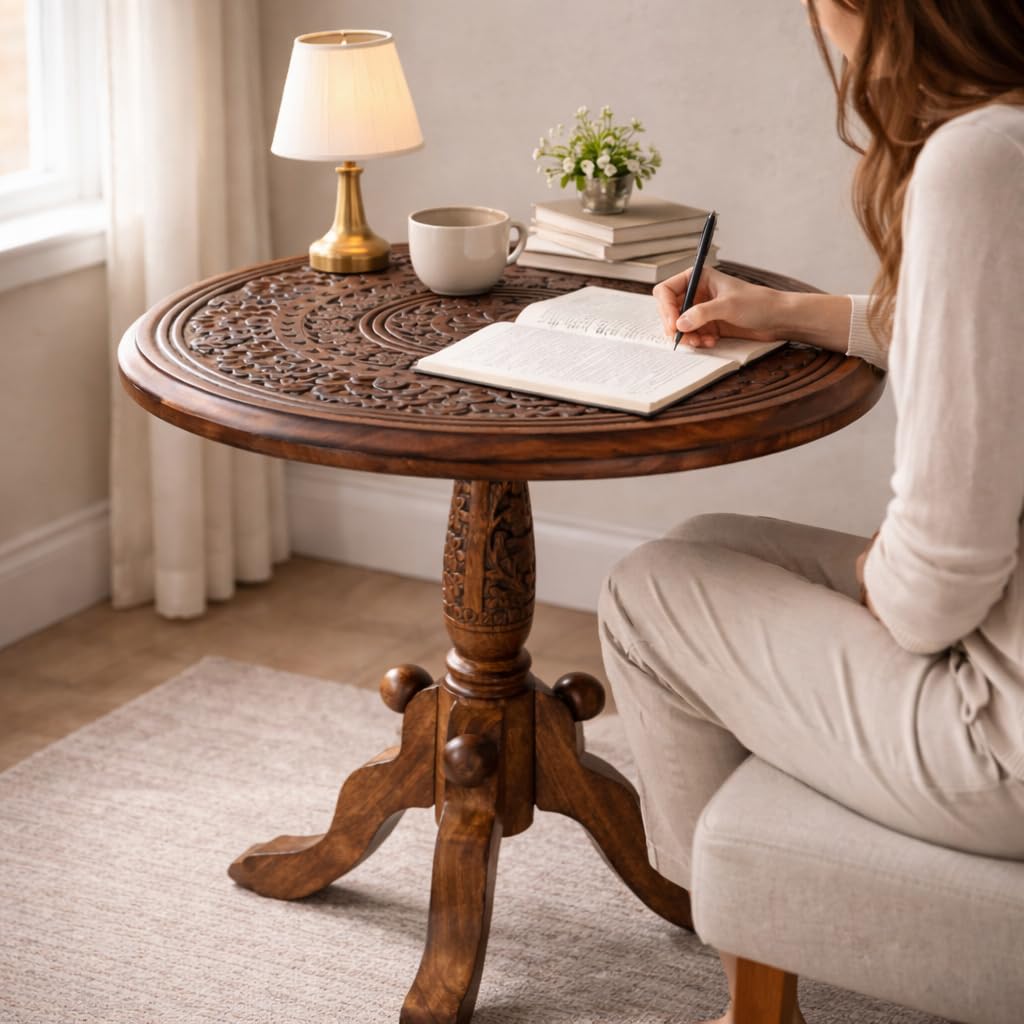 The Wooden Town Handcrafted Carved Round Side Table – 18x21 Inch Coffee Table for Living Room | Solid Wood Accent End Table with Pedestal Base | Altar Table for Home Décor