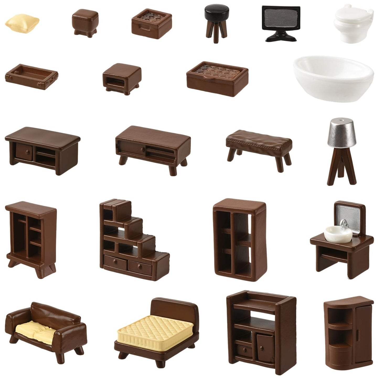 LiQunSweet 22 Pcs Resin Furniture Miniatures Micro 3D Mini Dollhouse Table Chairs Bed Bookshelf Bathroom Living Room Set for Fairy Garden DIY Scene Accessories