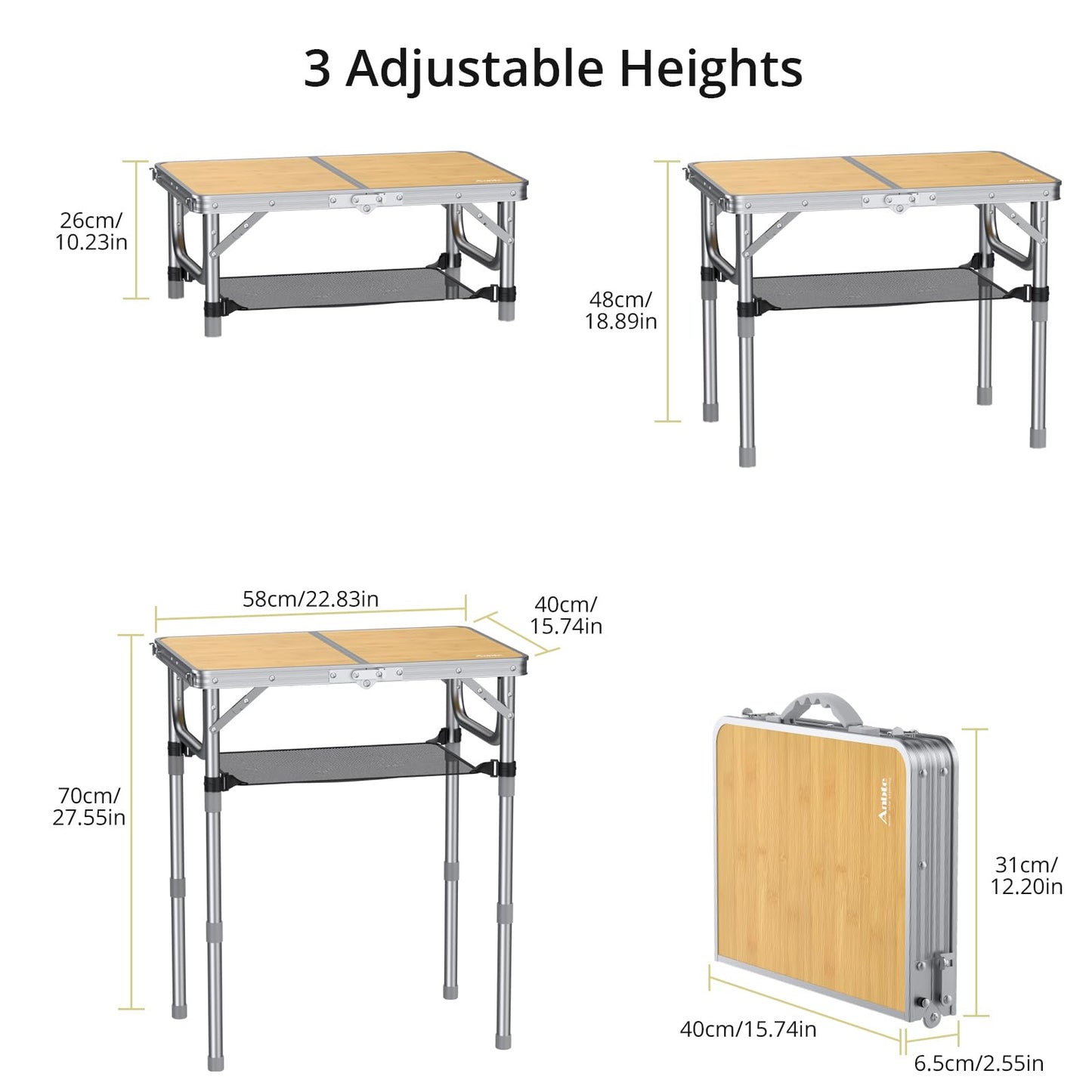 Anbte 2ft Camping Table Foldable, 3 Adjustable Heights High 27.5" Aluminum Small Folding Table with Carrying Handle, Portable, for Outdoor Indoor Picnic Beach BBQ Travel, 24" x 16", Light Oak Grain