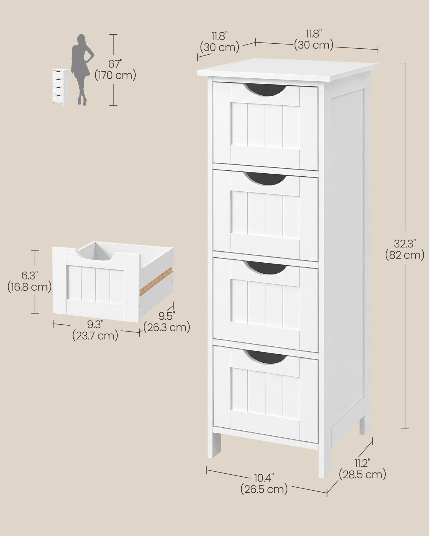 VASAGLE Floor Storage Cabinet, Freestanding Storage Organizer with 4 Drawers, 11.8 x 11.8 x 32.3 Inches, for Living Room, Bathroom, Dining Room, Kitchen, Modern Style, Cloud White ULHC040WH01S