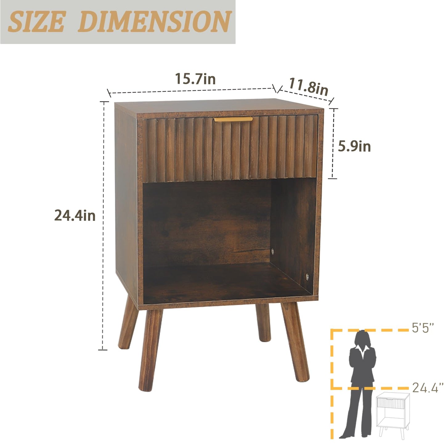 Fultyle Mid Century Modern Nightstand, Wood Bedside Table with Drawer and Open Storage, End Table Living Room Fluted Night Stand with Solid Wood Legs for Bedroom (Rustic Brown)