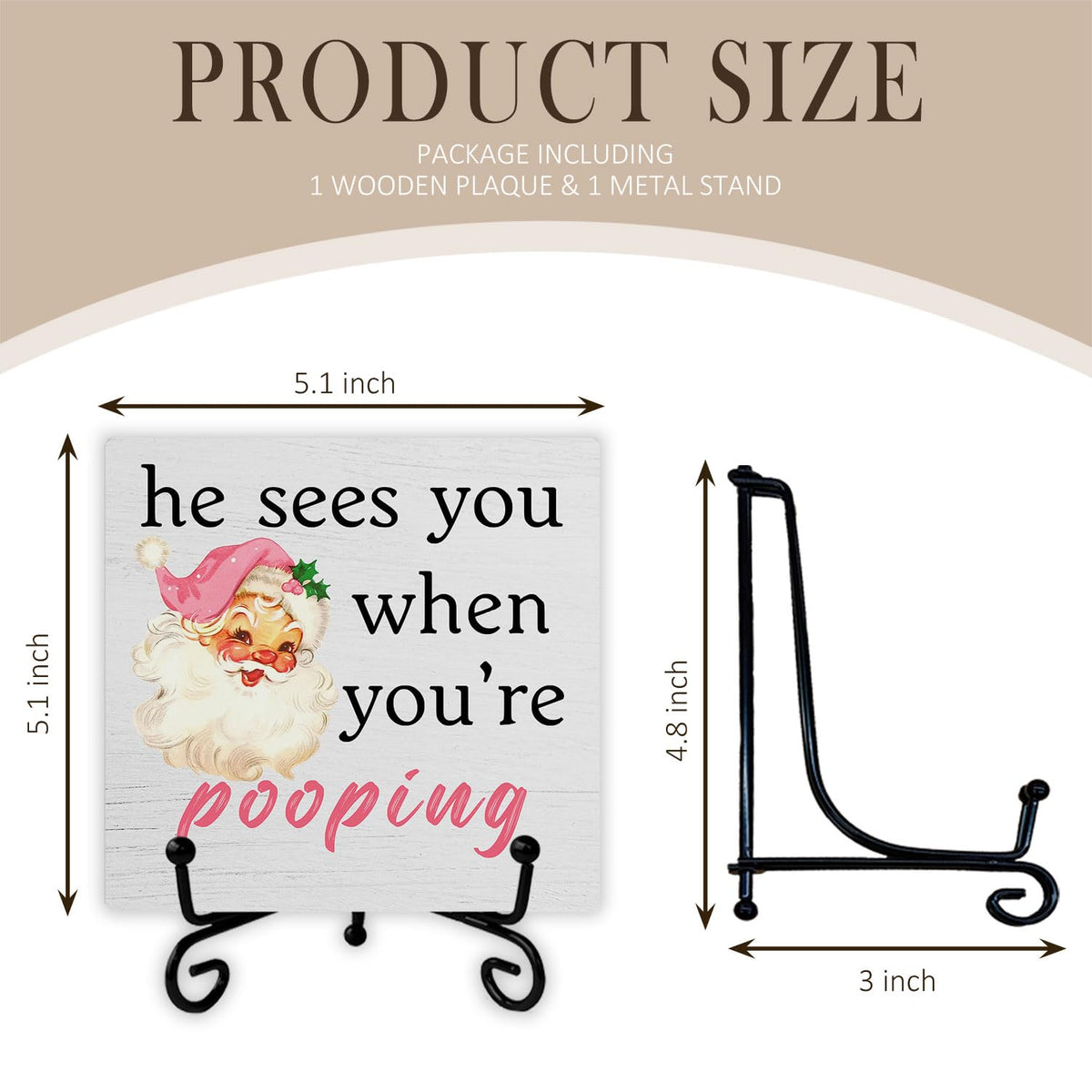 SkipTiger Funny Christmas Bathroom Wooden Desk Sign, He Sees You When You're Pooping Pink Christmas Santa Wood Plaque With Stand for Bathroom Toilet Restroom Shelf Counter Decor