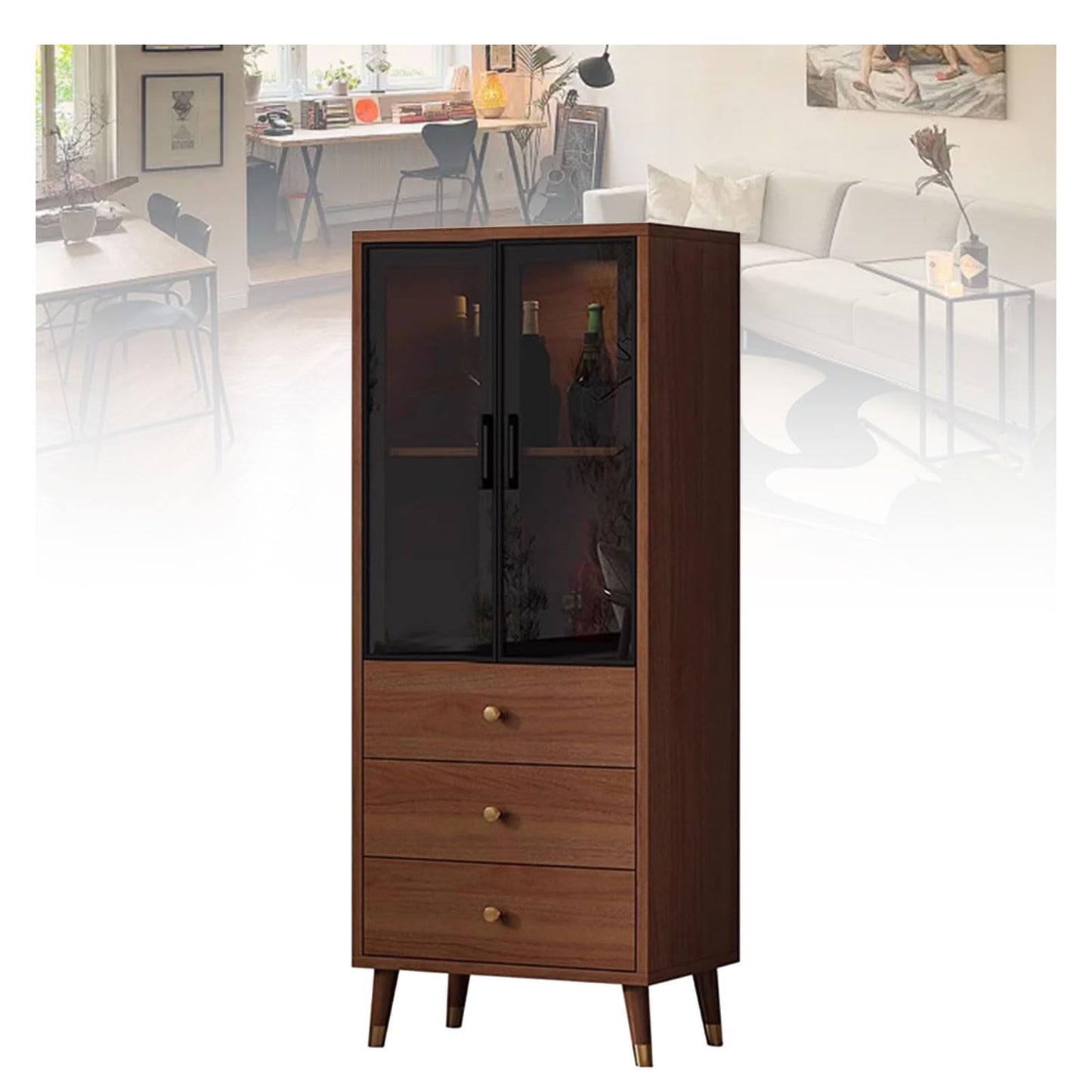 Freestanding Wine Bar Cabinet, Bamboo & Glass Display Cabinet, 3/4/5-Tier Modern, Clear View, Transparent Cabinet Door Design, for Office Living Room Bedroom Furniture