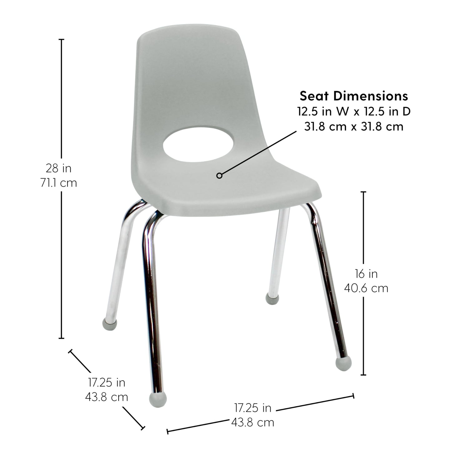 FDP 16" School Stack Chair, Stacking Student Seat with Chromed Steel Legs and Ball Glides For In-Home Learning or Classroom - Light Gray (4-Pack), 10382-LG