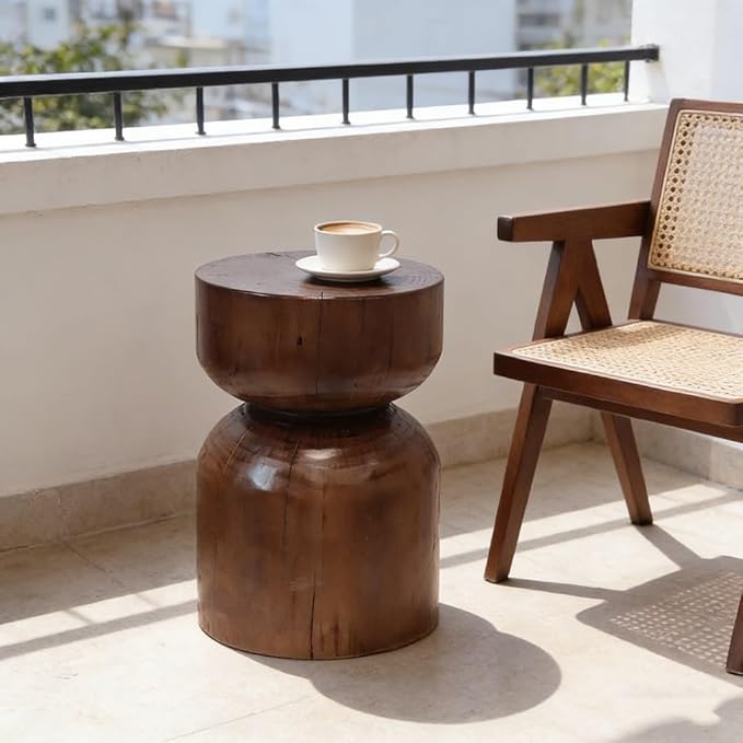 Solid Wood Stool & Sofa Side Table, Rustic Hourglass Wabi-Sabi Accent Coffee