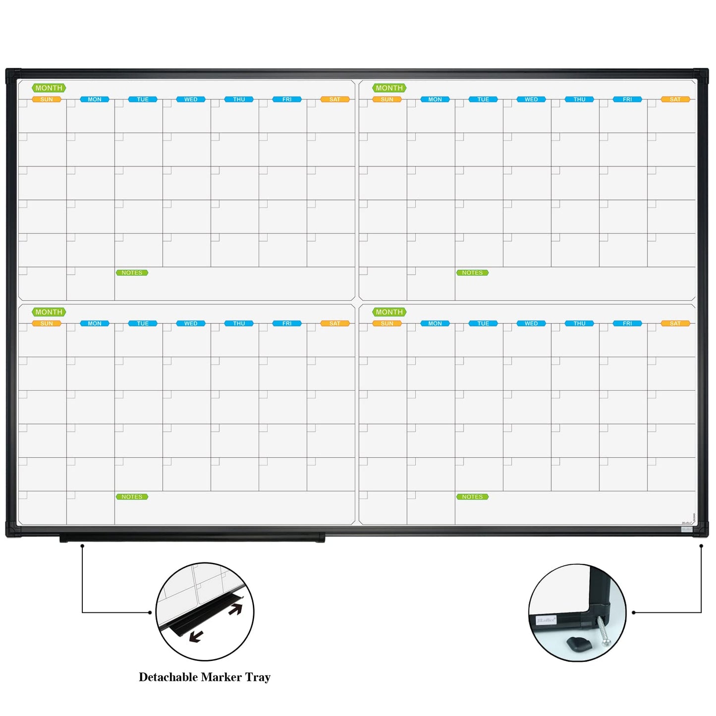 JILoffice Magnetic Dry Erase Calendar Whiteboard, 4 Month White Board Planner 36 X 24 Inch, Black Aluminum Frame Wall Mounted Board for Office Home and School