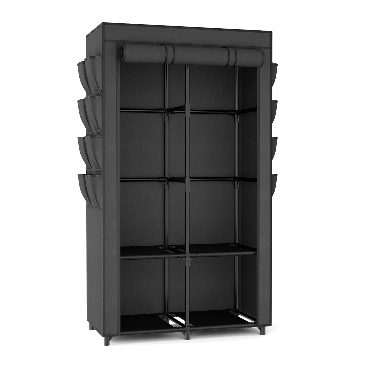BrFoYu Portable Closet for Hanging Clothes, Portable Wardrobe Closet with Cover, 4 Storage Shelves, 2 Hanging Rods and 8 Side Pockets, Easy Assembly and Sturdy Free Standing Closet for Bedroom, Black