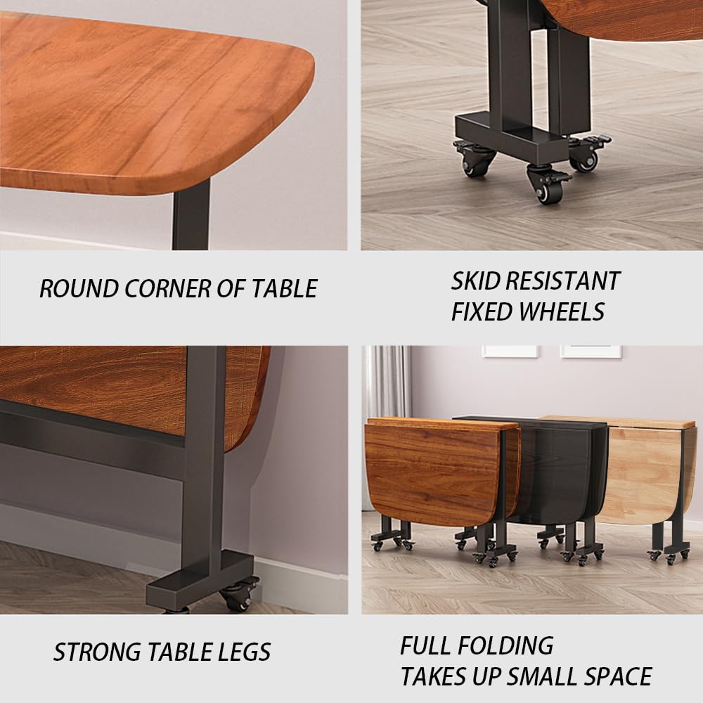 Rukulin Multifunction Table Drop Leaf Dining Table - 47" Wooden Foldable Kitchen Table with 6 Wheels (Brown)