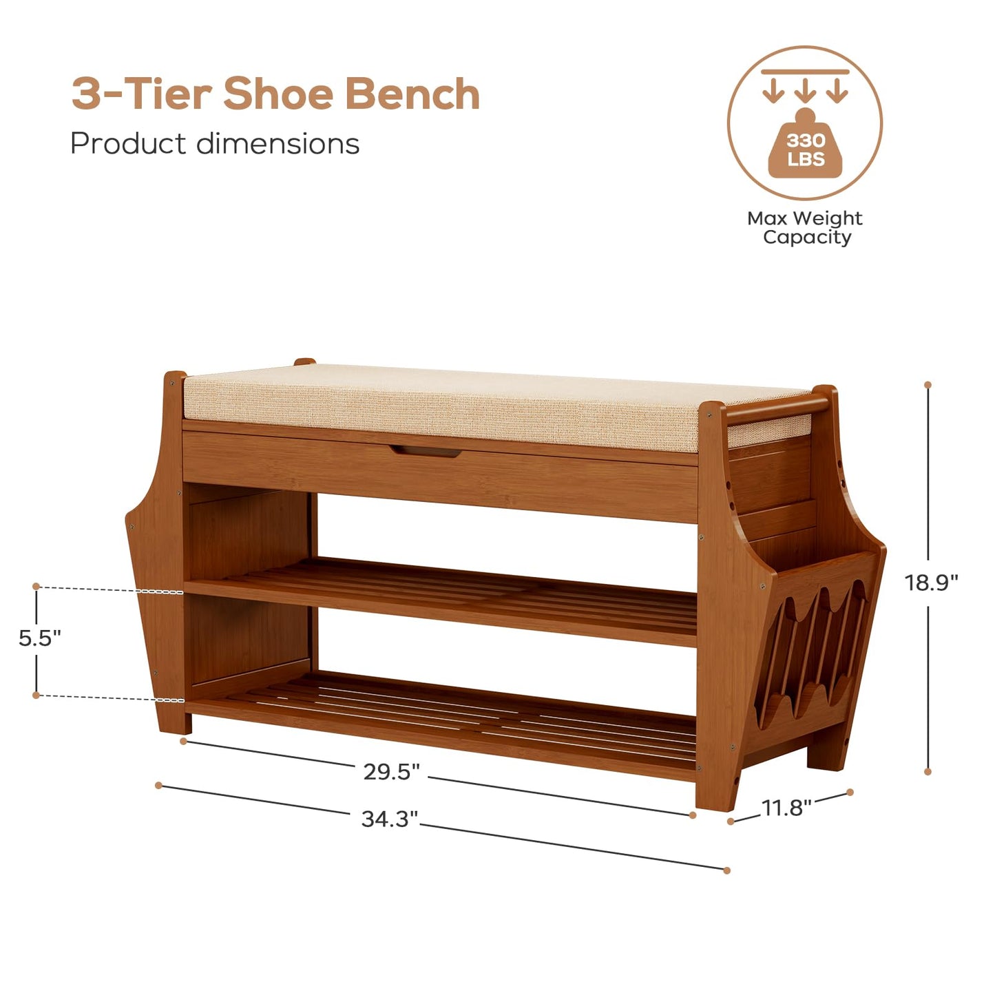 oakvivo 34.3in Shoe Bench, Bamboo 3-Tier Entryway Bench with Storage, Shoe Rack Organizer Holds Up to 330 lb, 34.3 x 11.8 x 18.9 Inches for Entryway Bedroom Closet Living Room Hallway