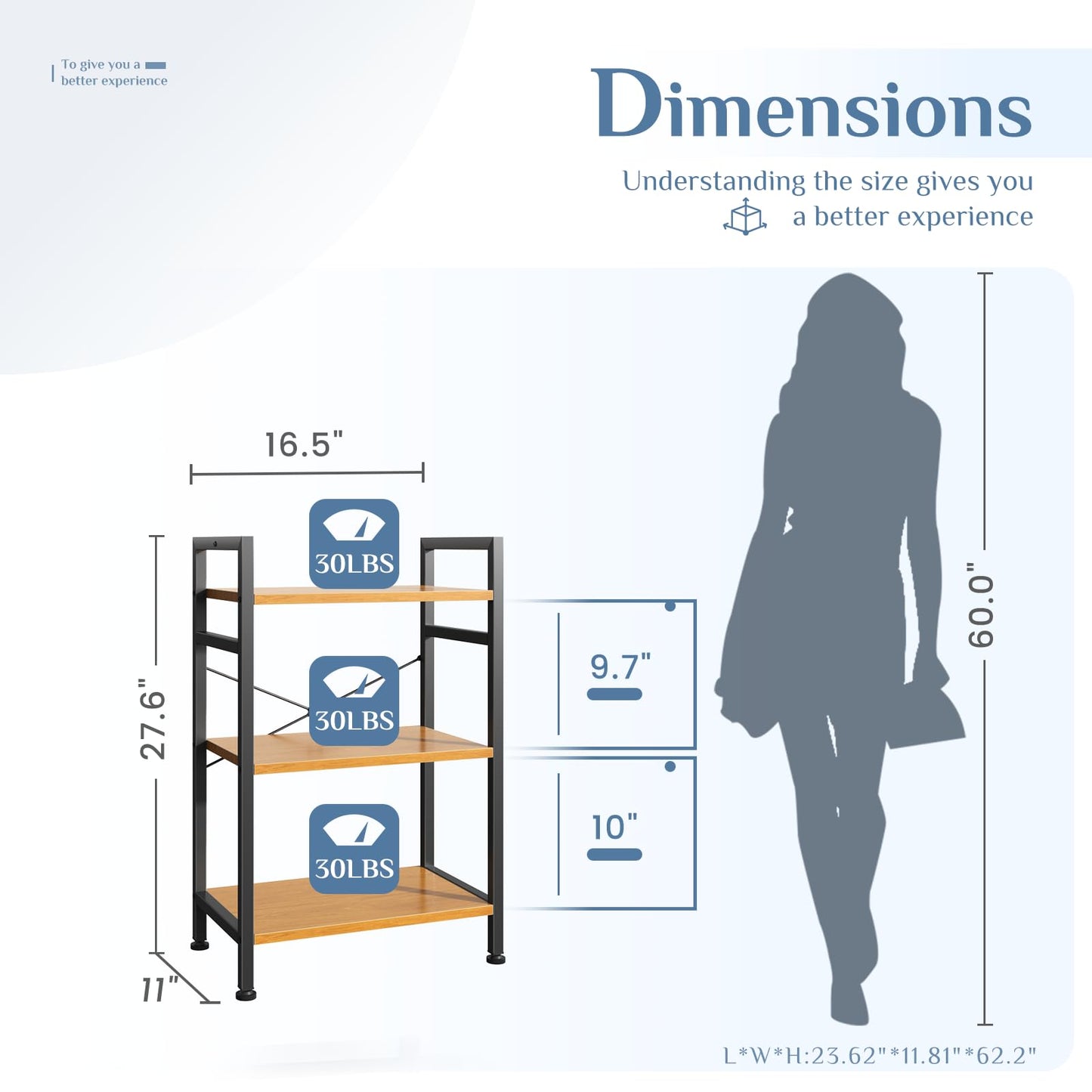 DUMOS 3 Tiers Open Bookshelf, Classic Freestanding Tall Display Shelf, Multifunctional Storage Organizer Rack for Living Room Home Office, Sturdy Bookcase for CDs/Books/Movies, Wood