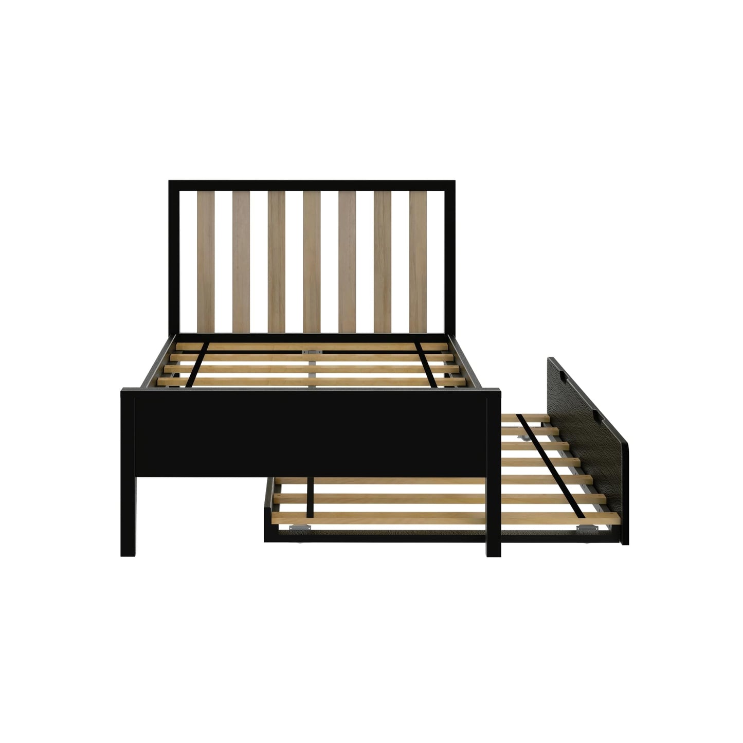 Max & Lily Scandinavian Panel Bed (Twin), Slatted Headboard, with Trundle, Black/Blonde