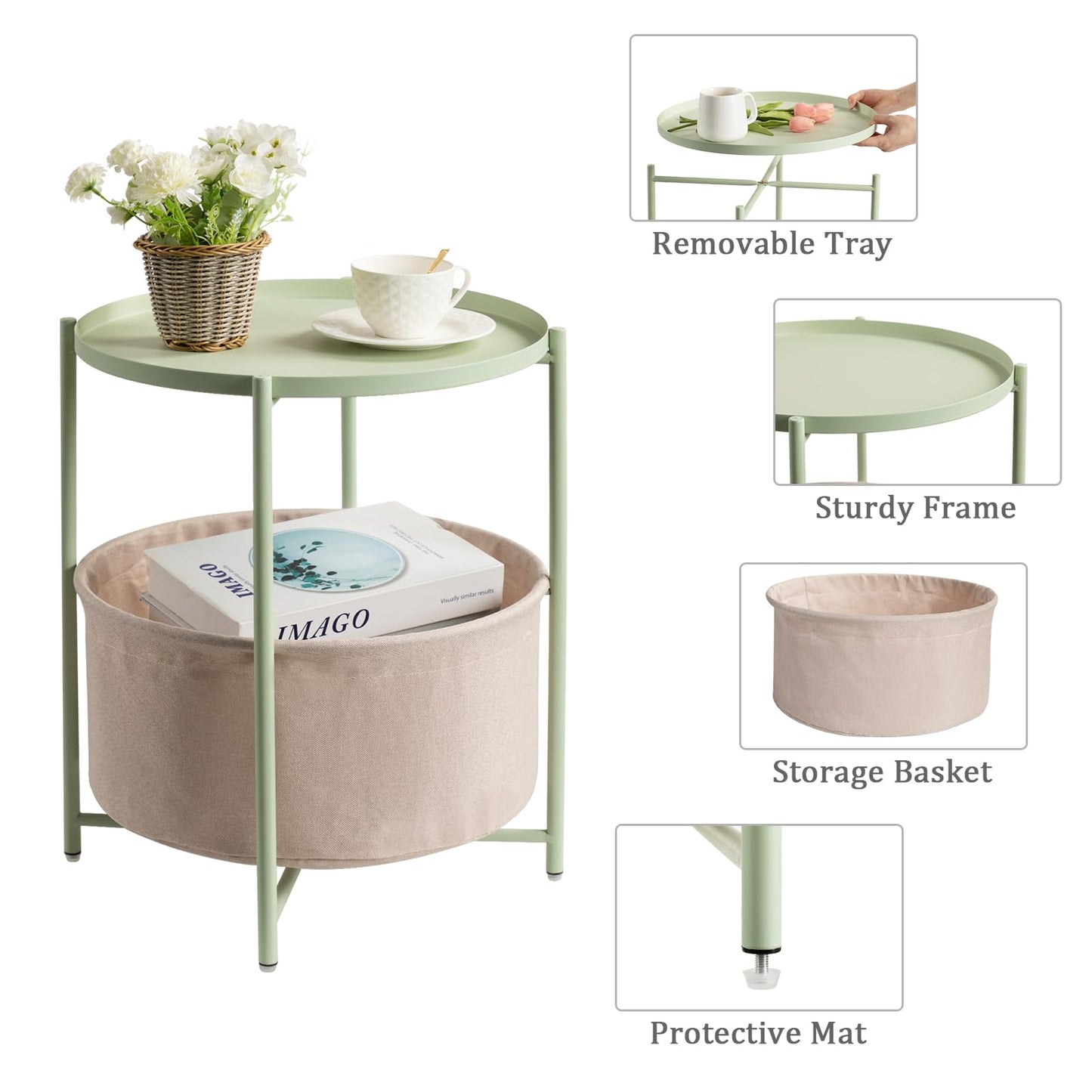 danpinera Round Side Table with Fabric Storage Basket, Metal Side Table Small Bedside Nightstand with Removable Tray Top for Living Room, Bedroom, Nursery, Laundry, Light Green