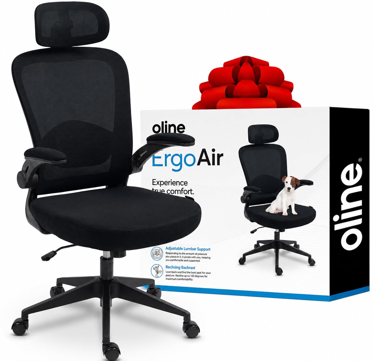 Oline ErgoAir Ergonomic Office Chair – Adjustable Lumbar Support, Flip-Up Armrests, Mesh Computer Desk Chair, Swivel Rolling Executive Gaming Chair for Home & Office (Black)