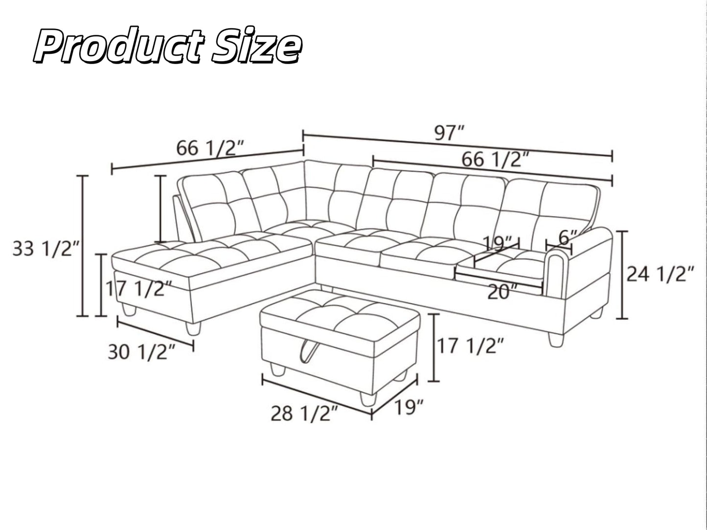 Trygoal 97" Leather 4-Seat L-Shaped Sectional Sofa with Movable Chaise & Storage Ottoman - 3-Piece Modular Convertible Couch for Living Room, Bedroom, Apartment & Office, Gloss Black