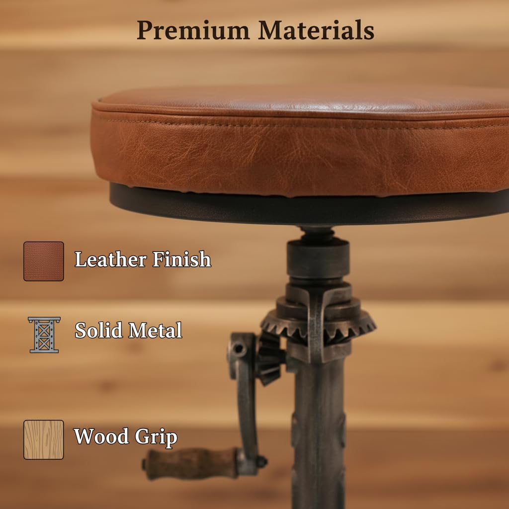 LOKKHAN American Antique Steampunk Deco Vintage Industrial Bar Cafe Stool, Retro Stylish Cast Iron Base Swivel Round Leather Top, Easily Adjusts by Crank Handle
