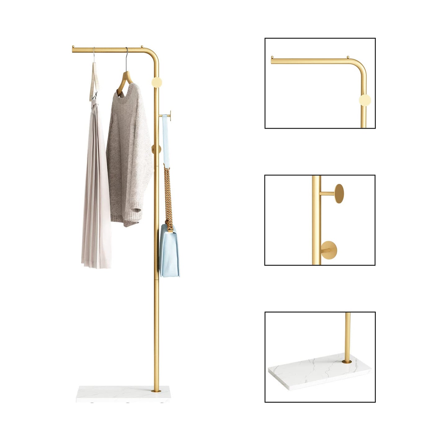 DOORXIFO Gold Coat Rack with White Base, Freestanding Entryway Rack with 3 Hooks, L Shape Home Coat Hanger for Jackets, Hats, Clothes