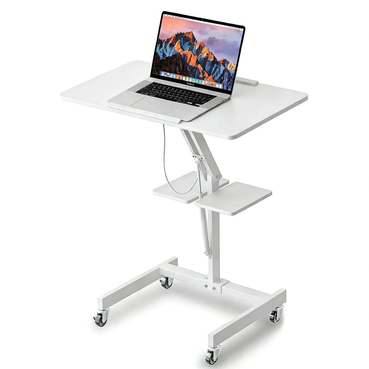 FULOOPHI Mobile Standing Desk with Wheels, Height Adjustable Laptop Table, 27.56 Inch Portable Ergonomic Workstation with Locking Casters & Tilting Top, White