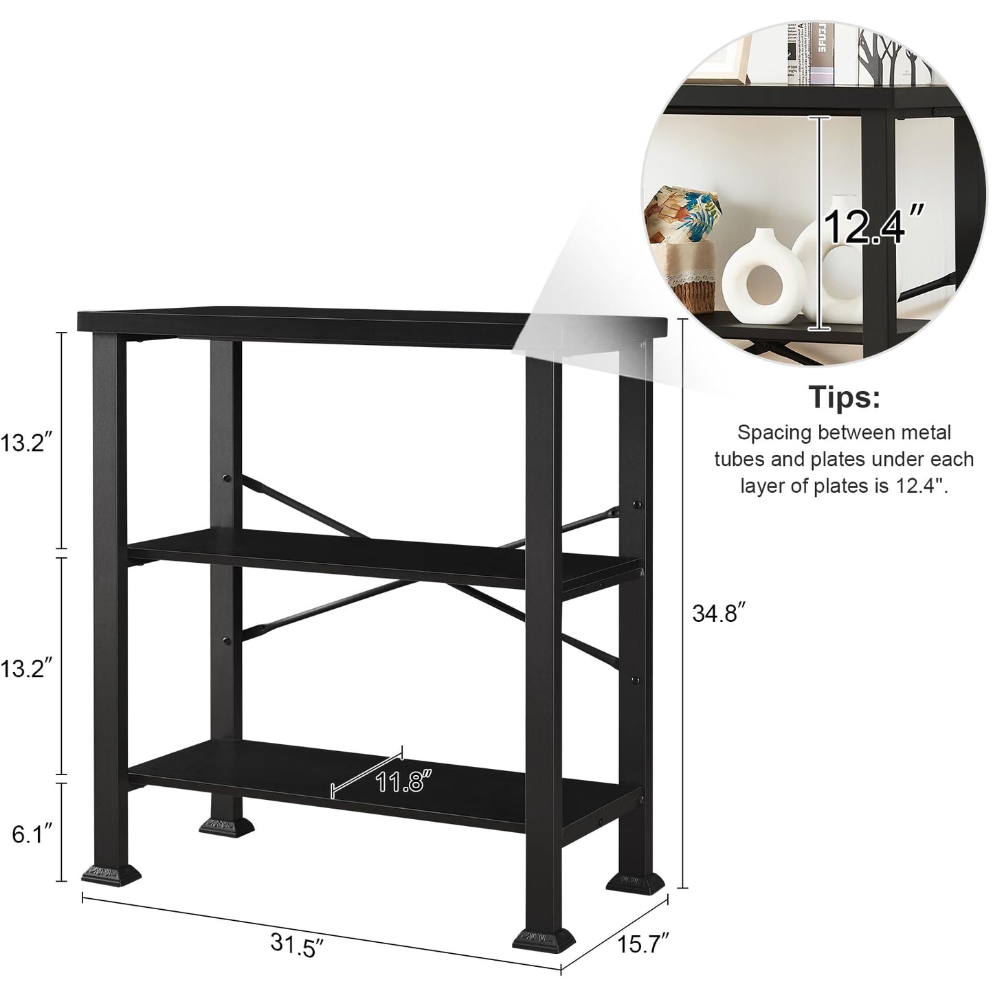 HOMBAZAAR 3 Tier Bookshelf,Black Industrial Book Shelf,Engineered Wood and Metal Small Bookcases,Low Shelf Bookcase for Living Room,Office,Bedroom and Kitchen