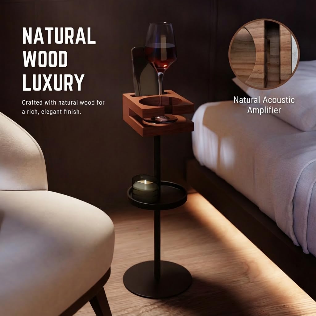 Bambrythm Drink Table for Small Spaces - Slim Pedestal Side Table with Real Wood Top & Stable Base for Coffee & Cocktails - Ideal for Tight Living Room & Bedroom Spaces (Sapele)
