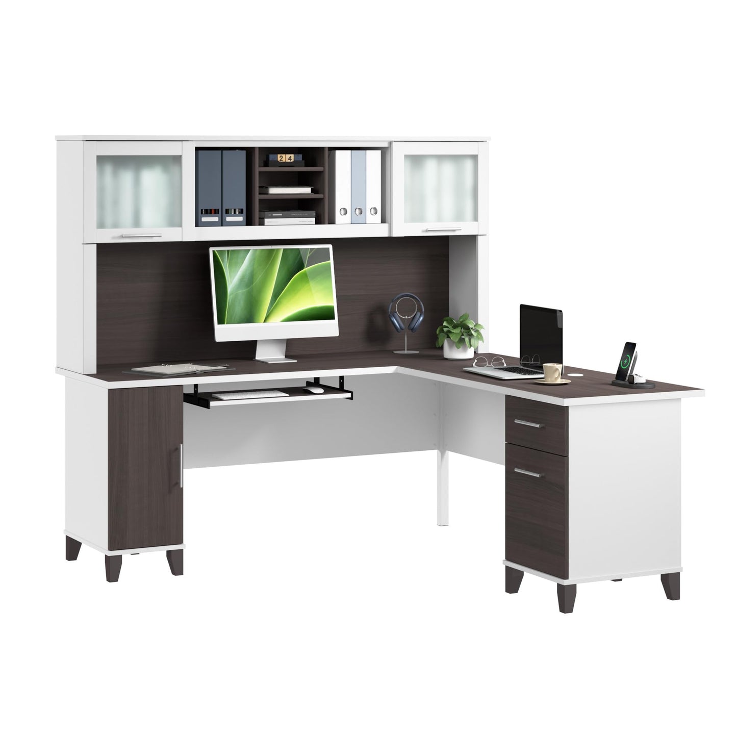 Bush Home 72-Inch L-Shaped Desk with Hutch, Corner Computer Office Desk with File and Box Drawers, Shelves and Storage Cabinet, Home Office Workstation, Somerset Collection, Storm Gray and White