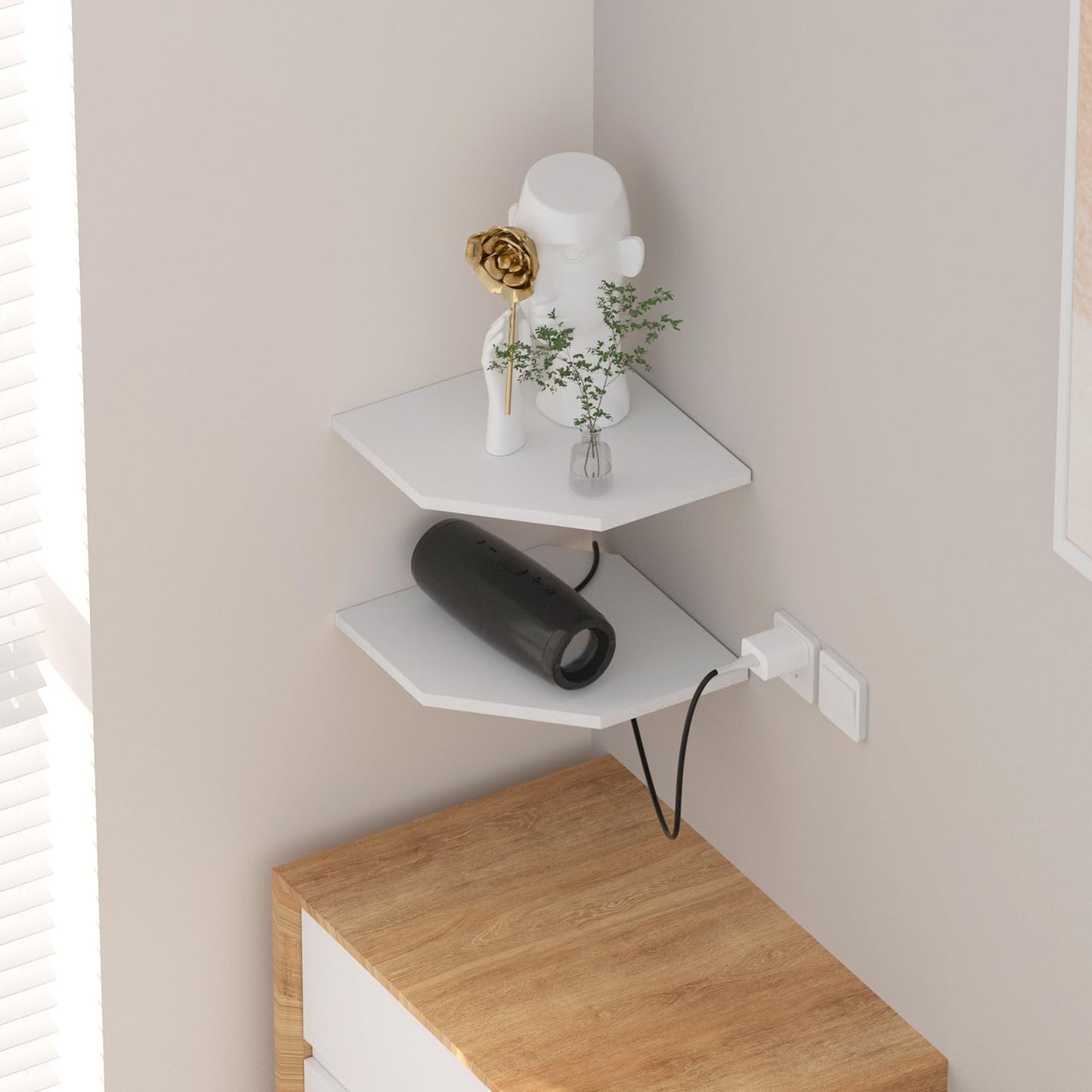 JJL Corner Shelf, 12 Inch Corner Shelf Wall Mounted with Wire Hole, 2 Tier 13.3 Inch Deep Wooden Corner Hanging Shelves for Wall Storage, for Speaker, Cable Box, White