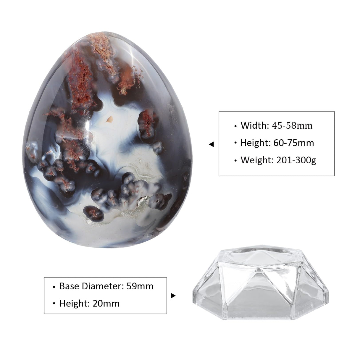 mookaitedecor Natural Orca Agate Crystal Egg Decor, Polished Geode Stone Egg with Acrylic Stand for Easter Home Tabletop Display, 60-75 mm High, 201-300g
