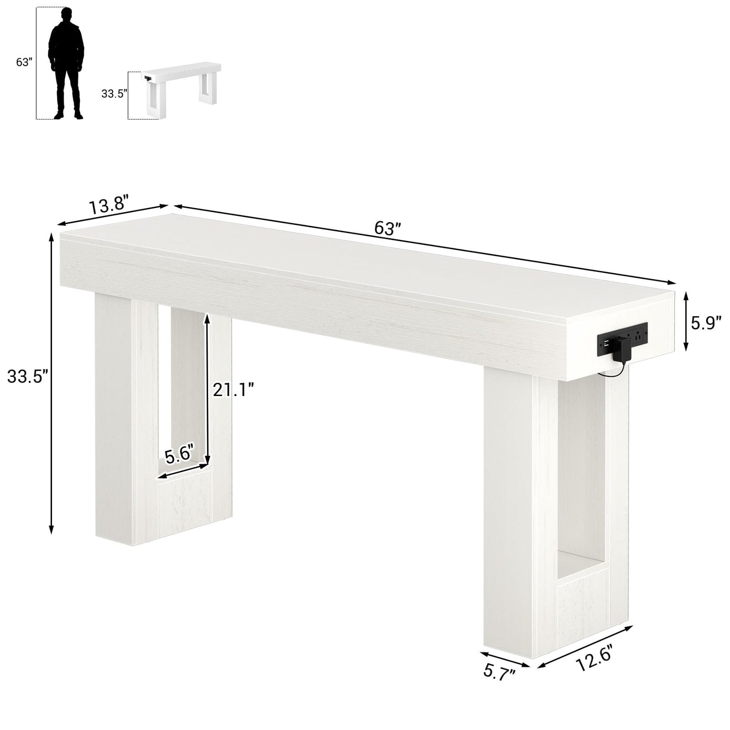 Unikito 63'' Farmhouse Console Table with Power Outlets and Sensor Light, Wooden Entryway Table with Storage, Rectangular Sofa Tables Behind The Couch for Entrance, Hallway, Living Room, Antique White