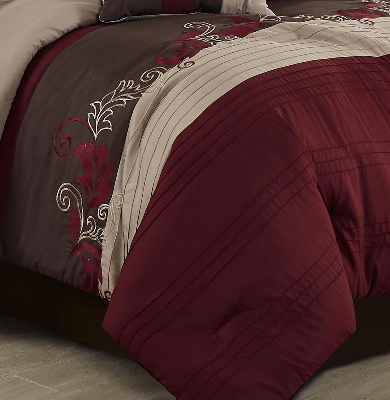 Chezmoi Collection Napa 7-Piece Luxury Leaves Scroll Embroidery Bedding Comforter Set (Queen, Burgundy/Taupe/Brown)